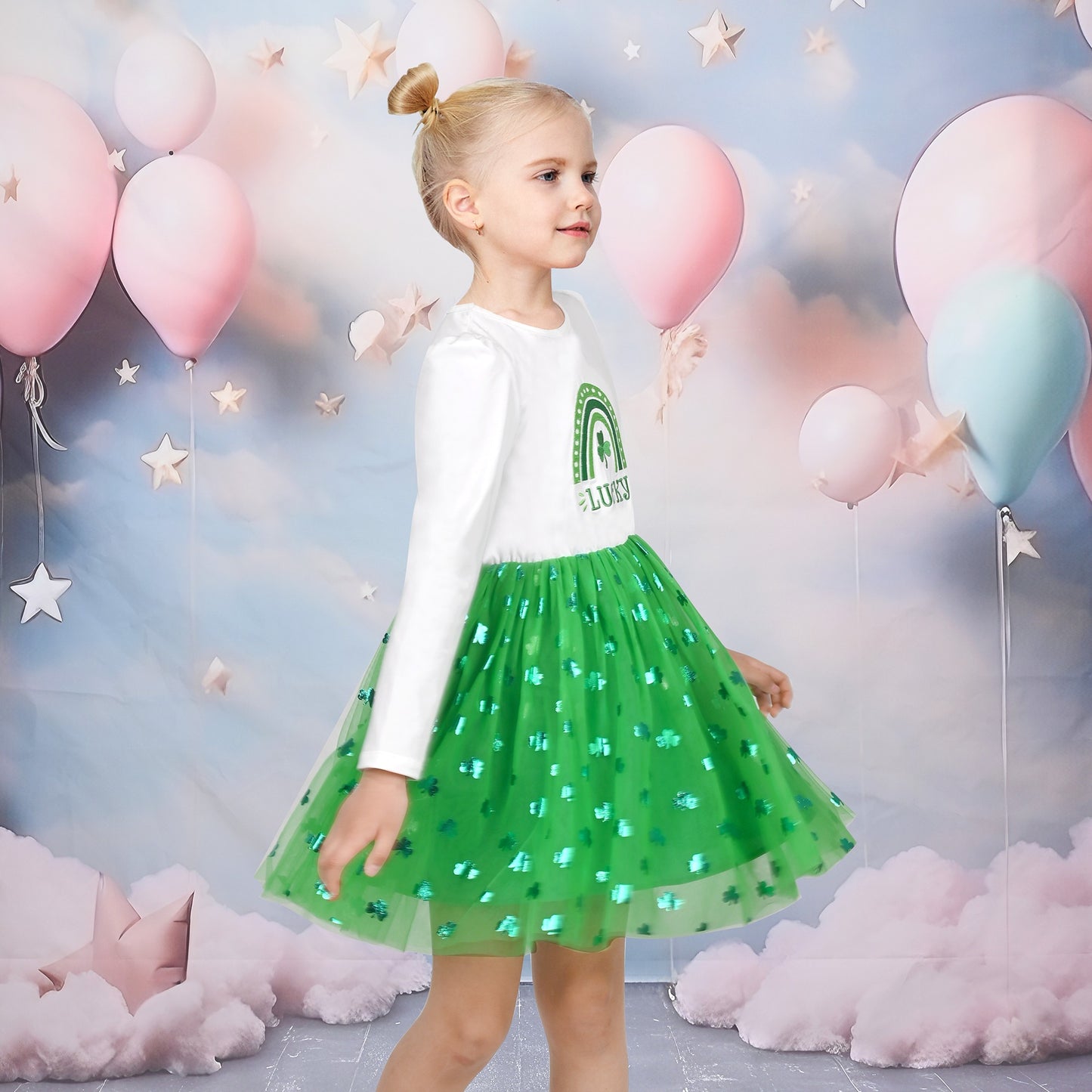 Girls Dress Long Sleeve Tutu Skirt Bow Tie Party Green