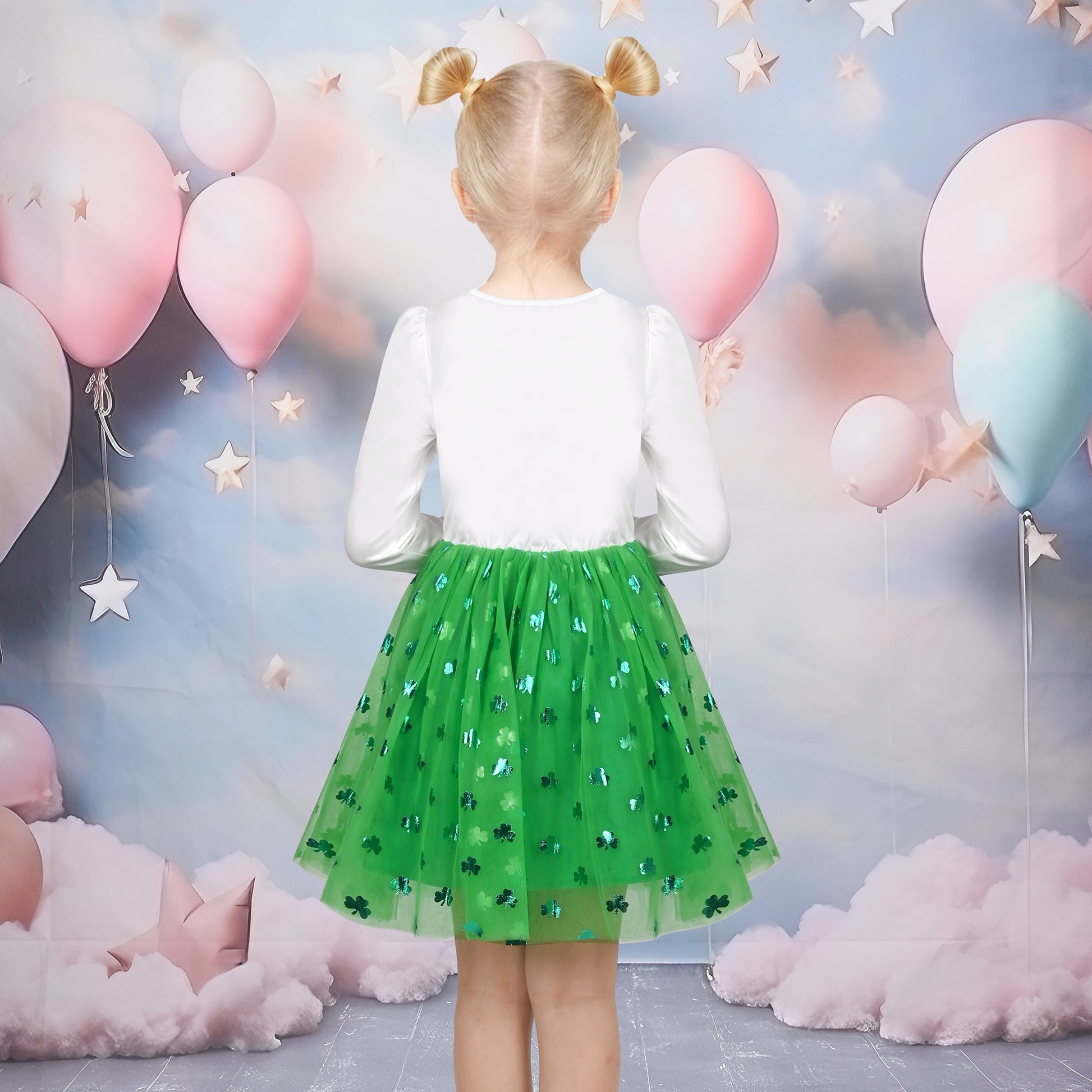 Girls Dress Long Sleeve Tutu Skirt Bow Tie Party Green
