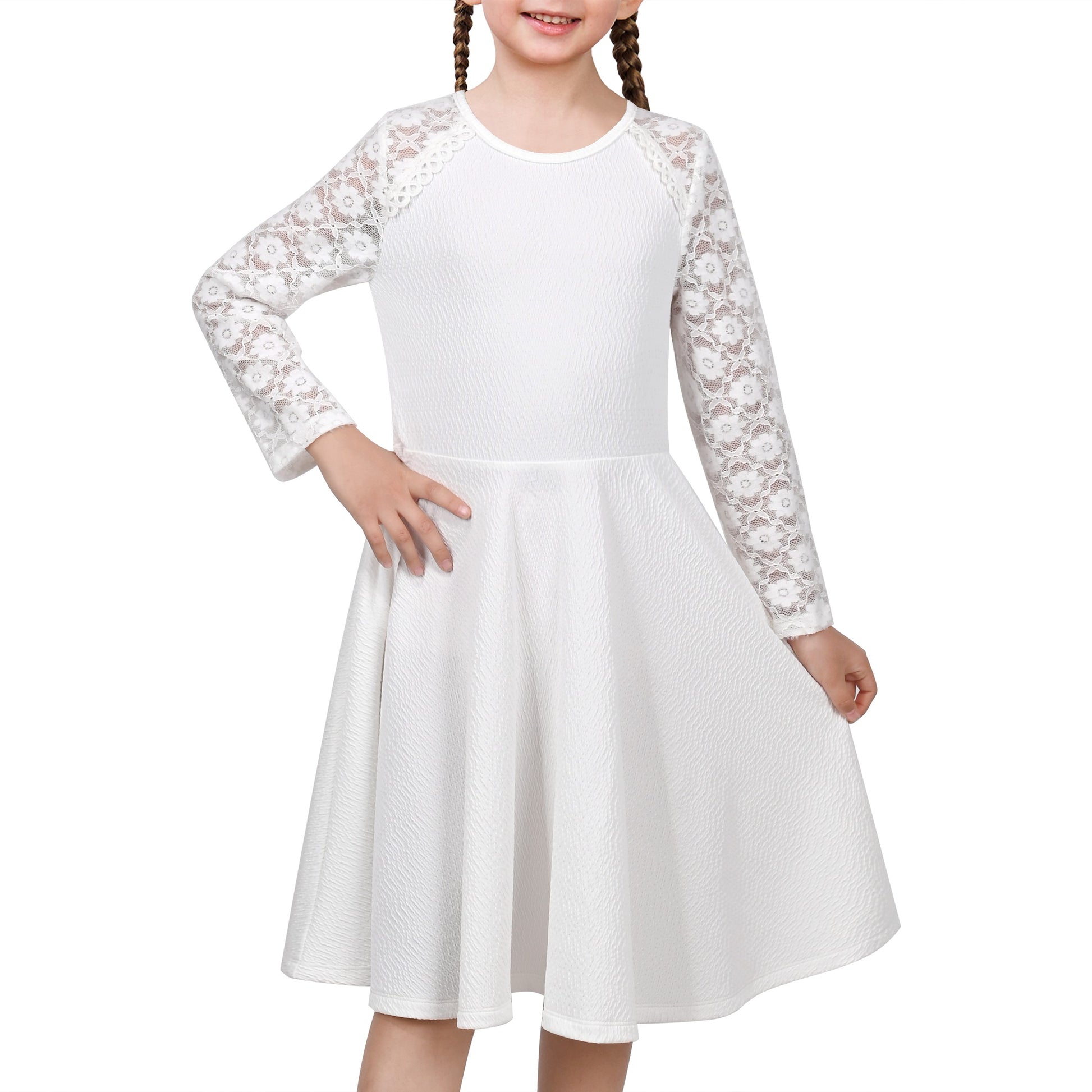 Girls Dress Red Lace Floral Hollow Back Formal Evening Long Sleeve White