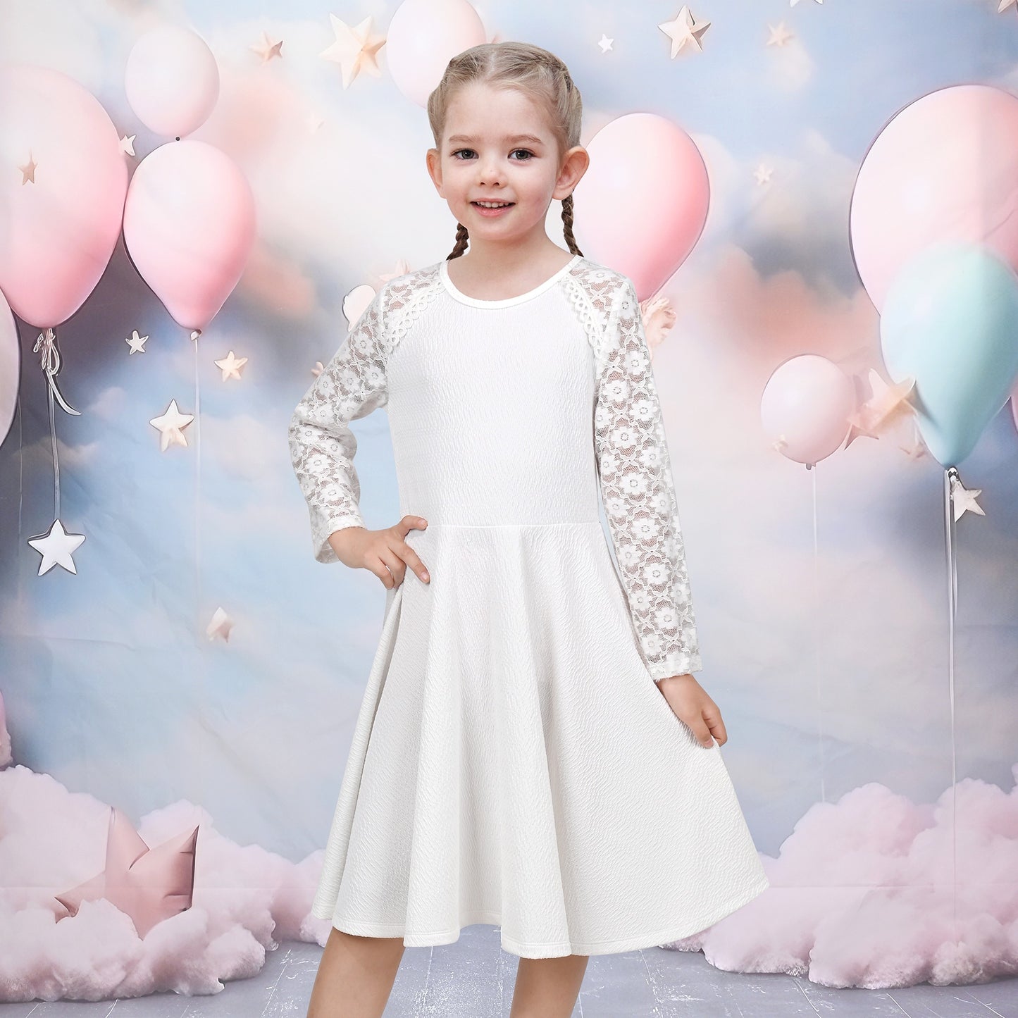 Girls Dress Red Lace Floral Hollow Back Formal Evening Long Sleeve White