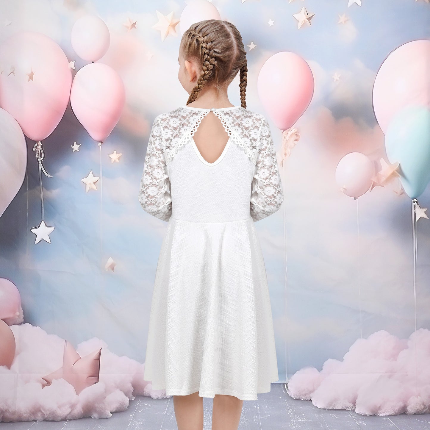 Girls Dress Red Lace Floral Hollow Back Formal Evening Long Sleeve White