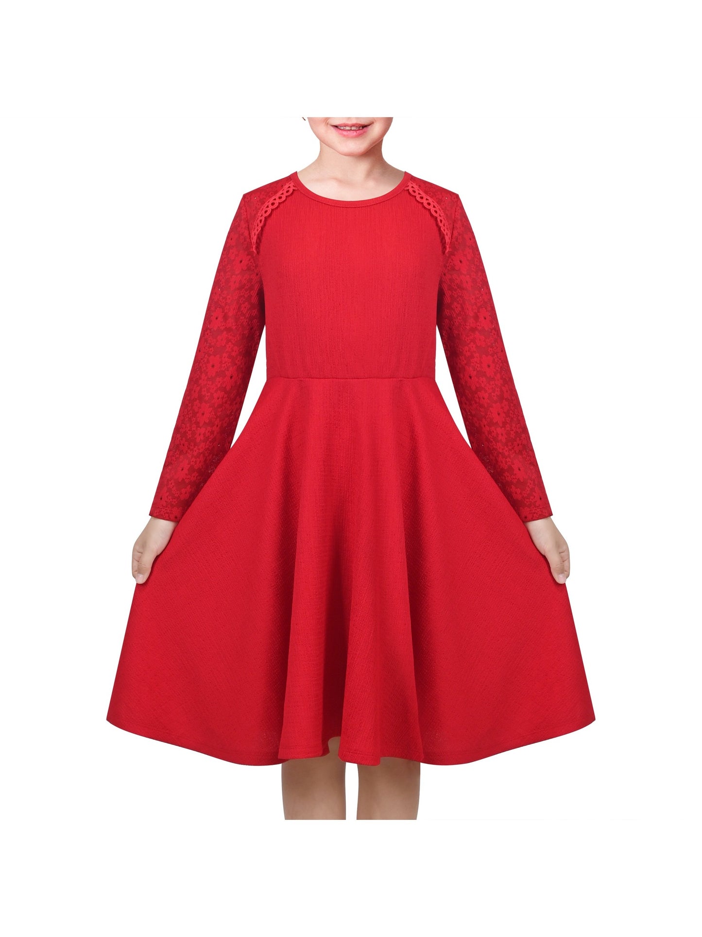 Girls Dress Red Lace Floral Hollow Back Formal Evening Long Sleeve Red