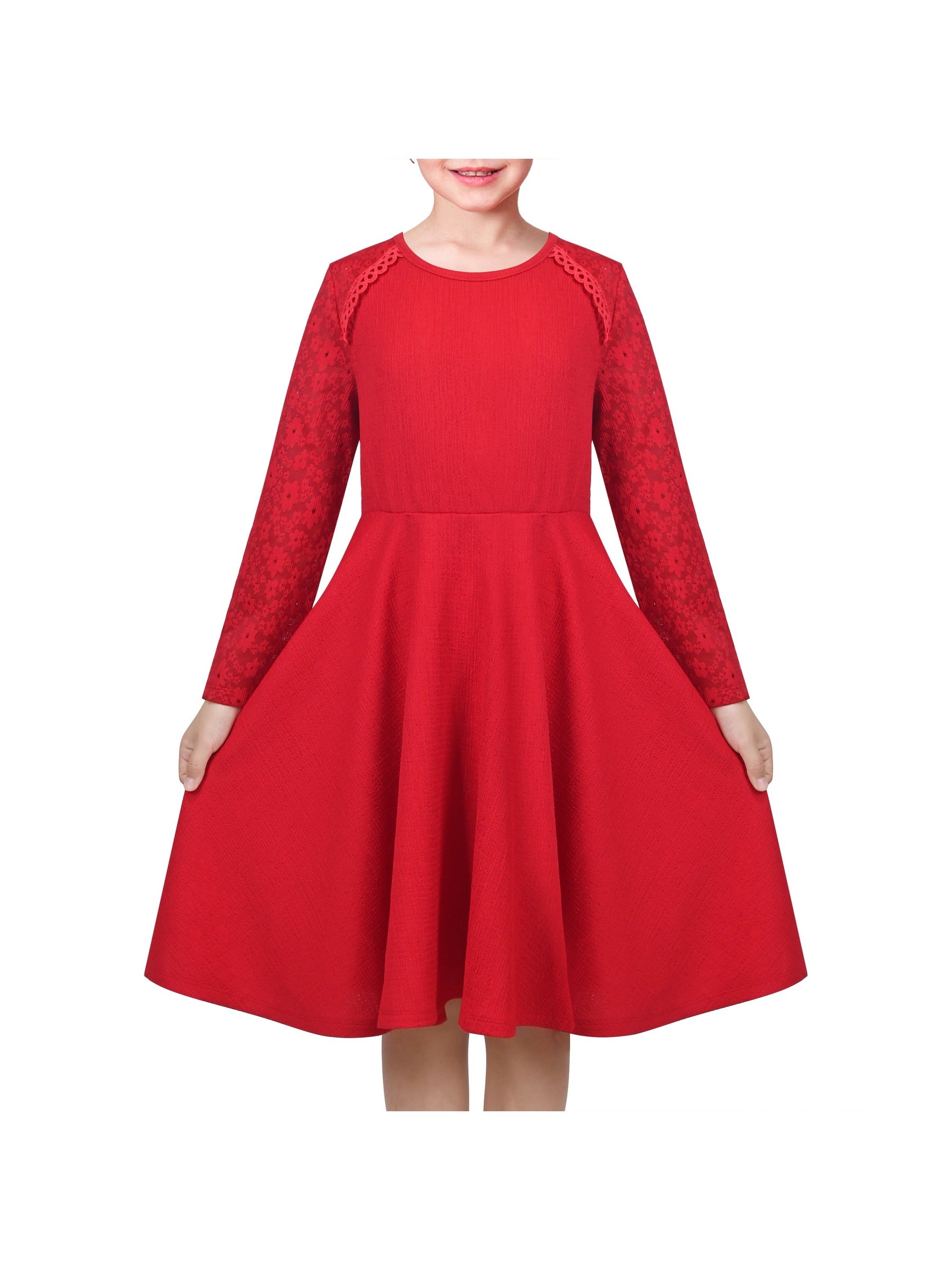 Girls Dress Red Lace Floral Hollow Back Formal Evening Long Sleeve Red
