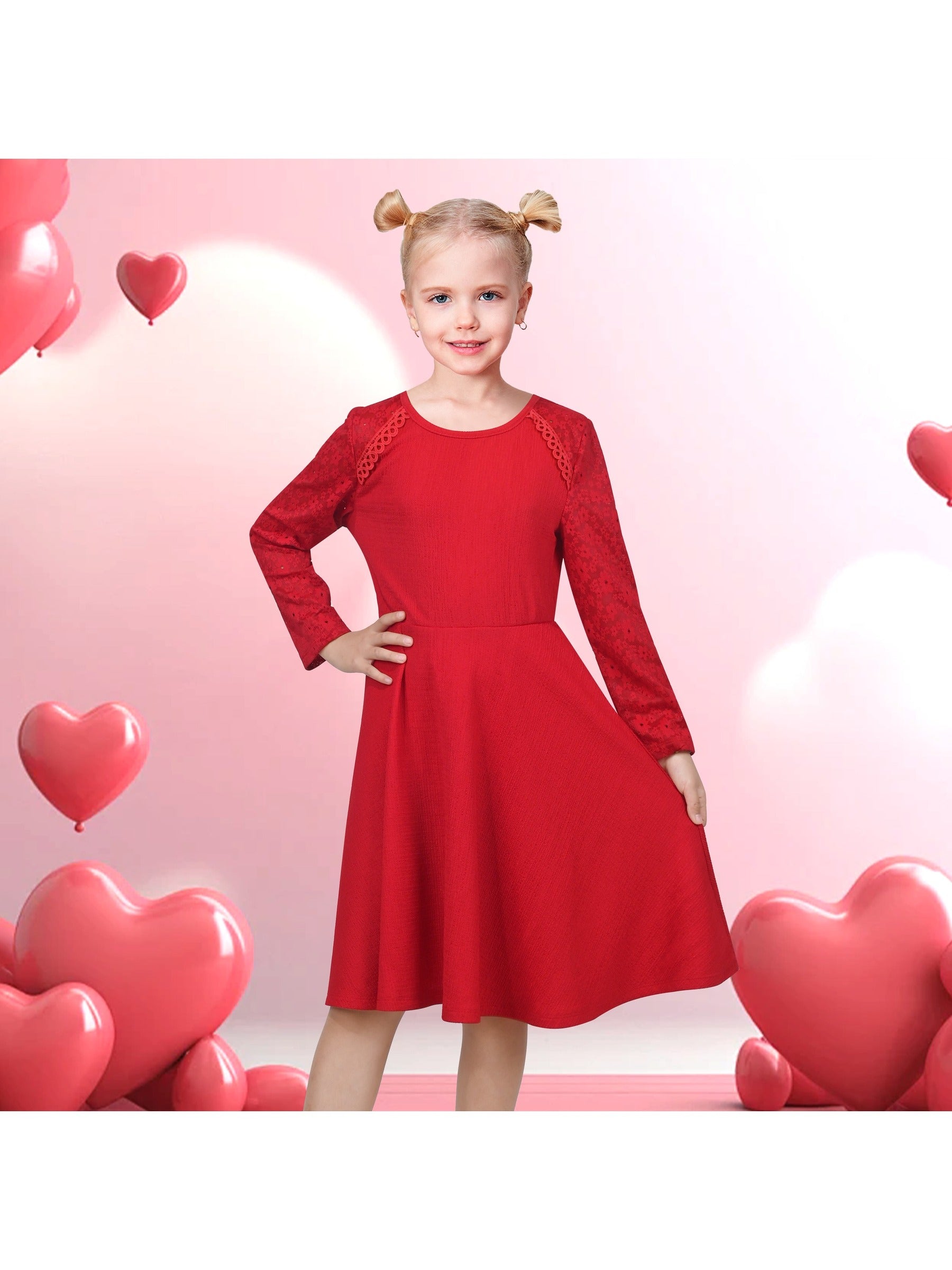 Girls Dress Red Lace Floral Hollow Back Formal Evening Long Sleeve Red