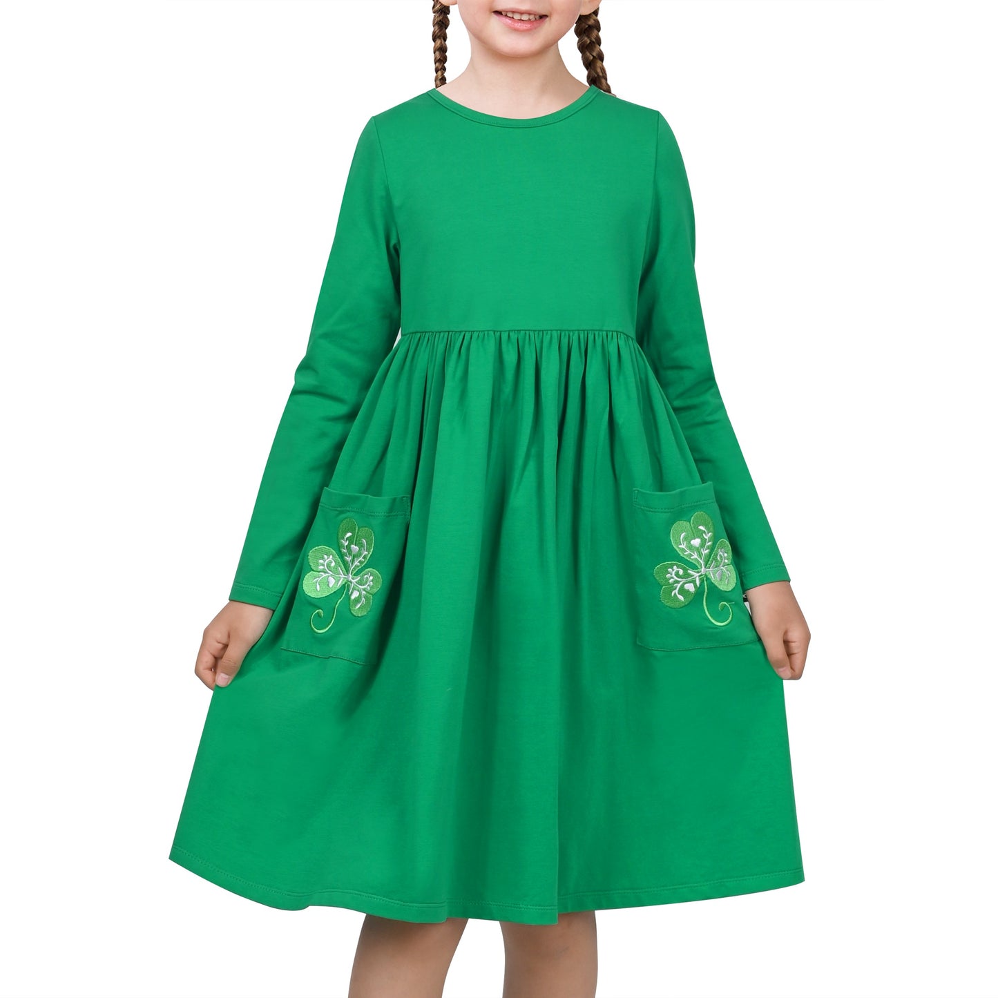 Girls Dress Yellow Casual Cotton Long Sleeve Dress Green