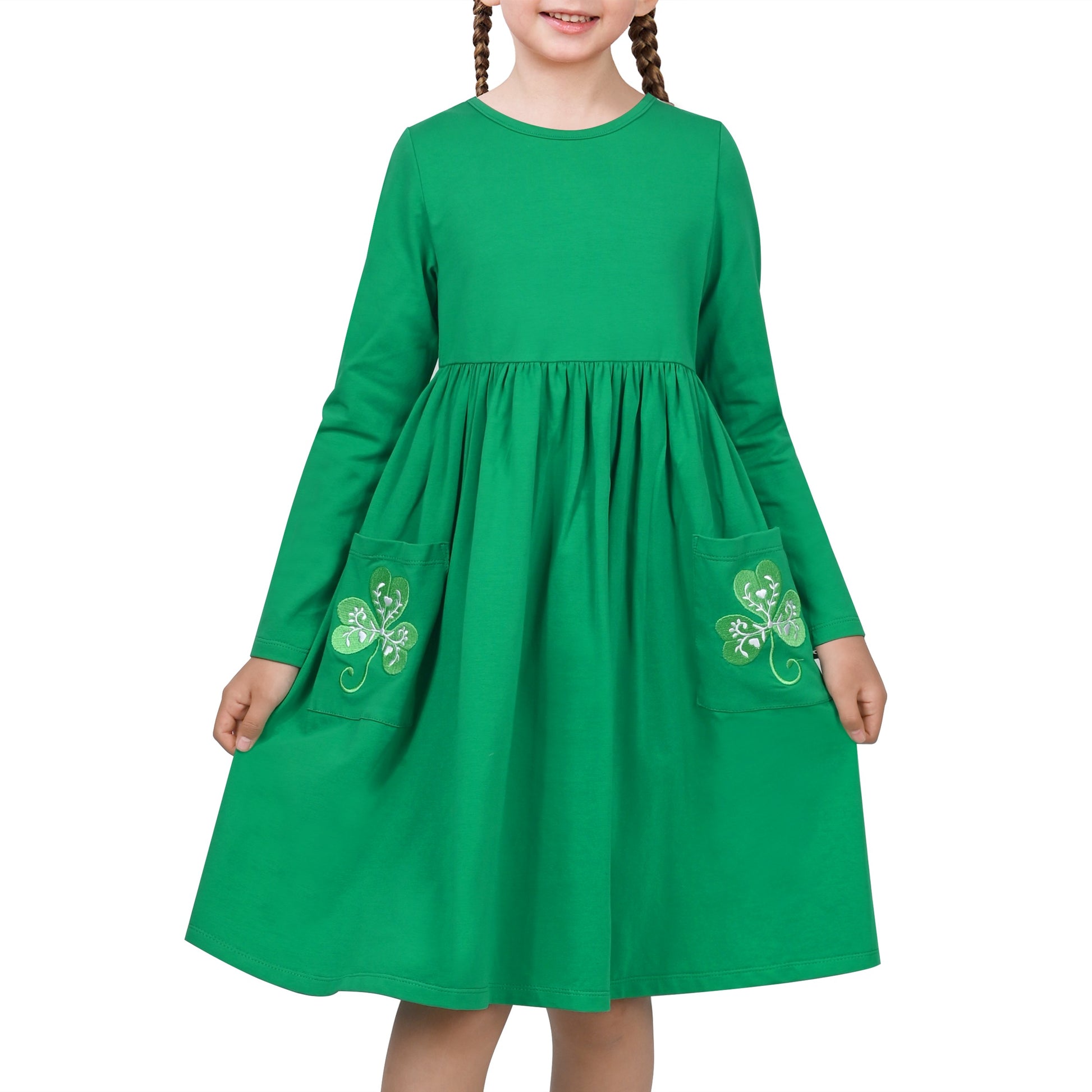 Girls Dress Yellow Casual Cotton Long Sleeve Dress Green