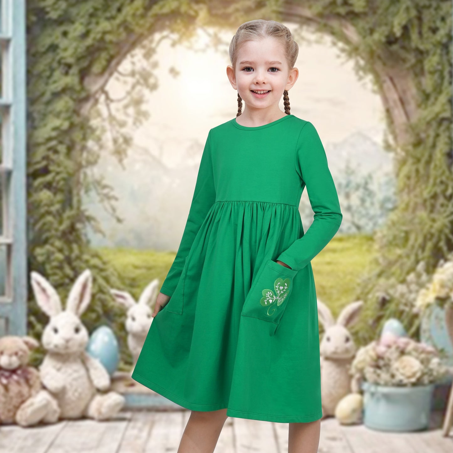 Girls Dress Yellow Casual Cotton Long Sleeve Dress Green