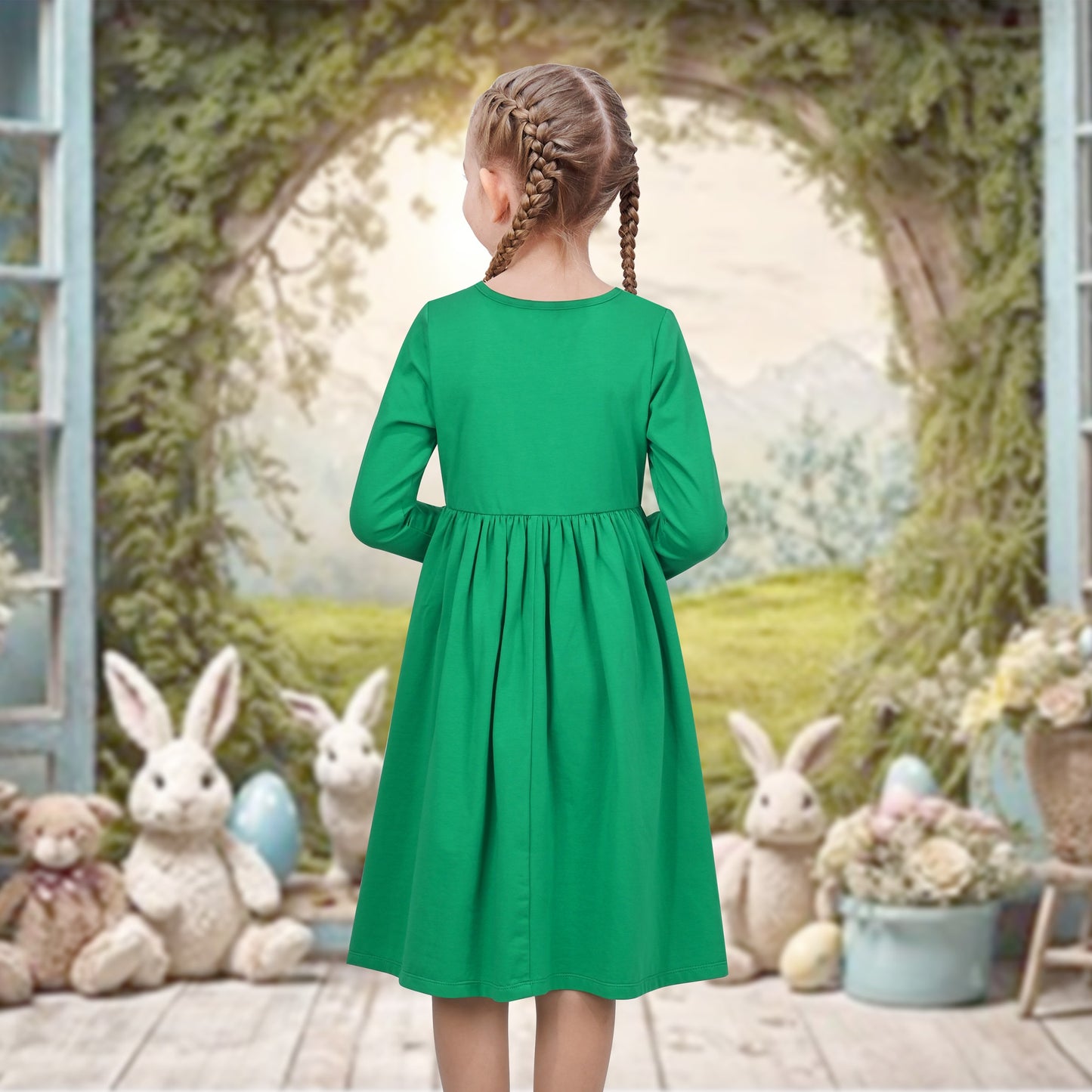 Girls Dress Yellow Casual Cotton Long Sleeve Dress Green