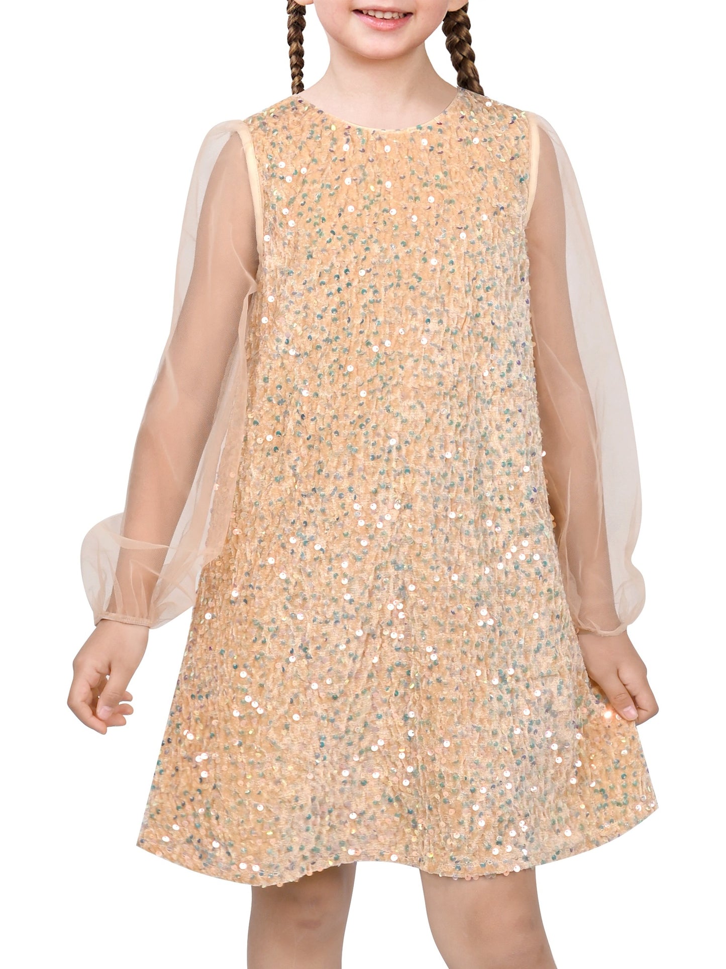 Girls Dress Black Sequin Sheer Mesh Long Sleeve Party Elegant Ball Gown Beige