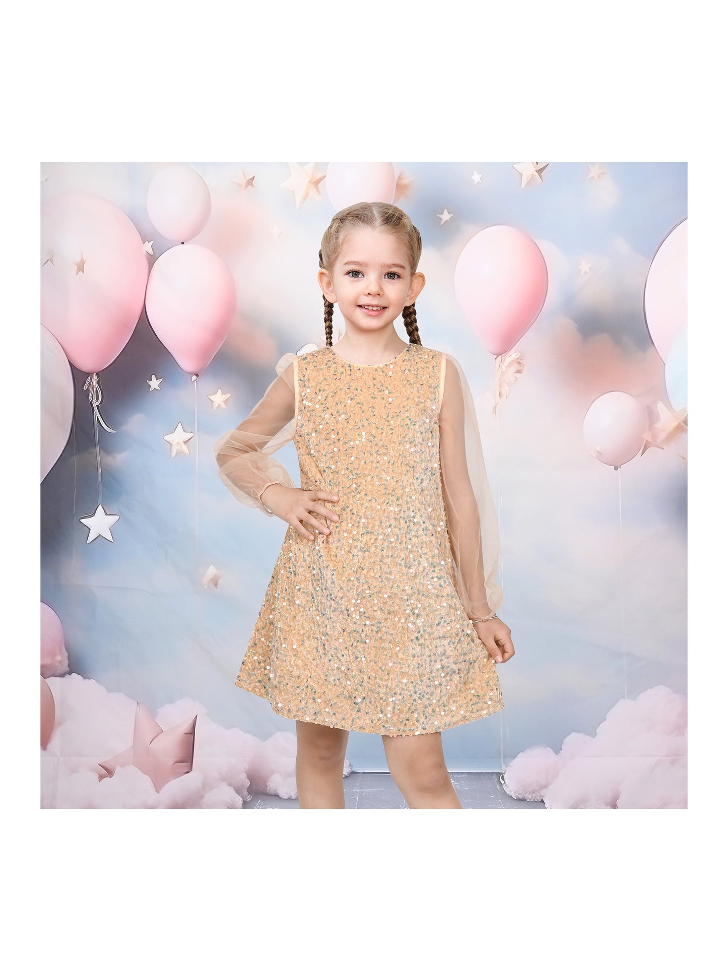 Girls Dress Black Sequin Sheer Mesh Long Sleeve Party Elegant Ball Gown Beige