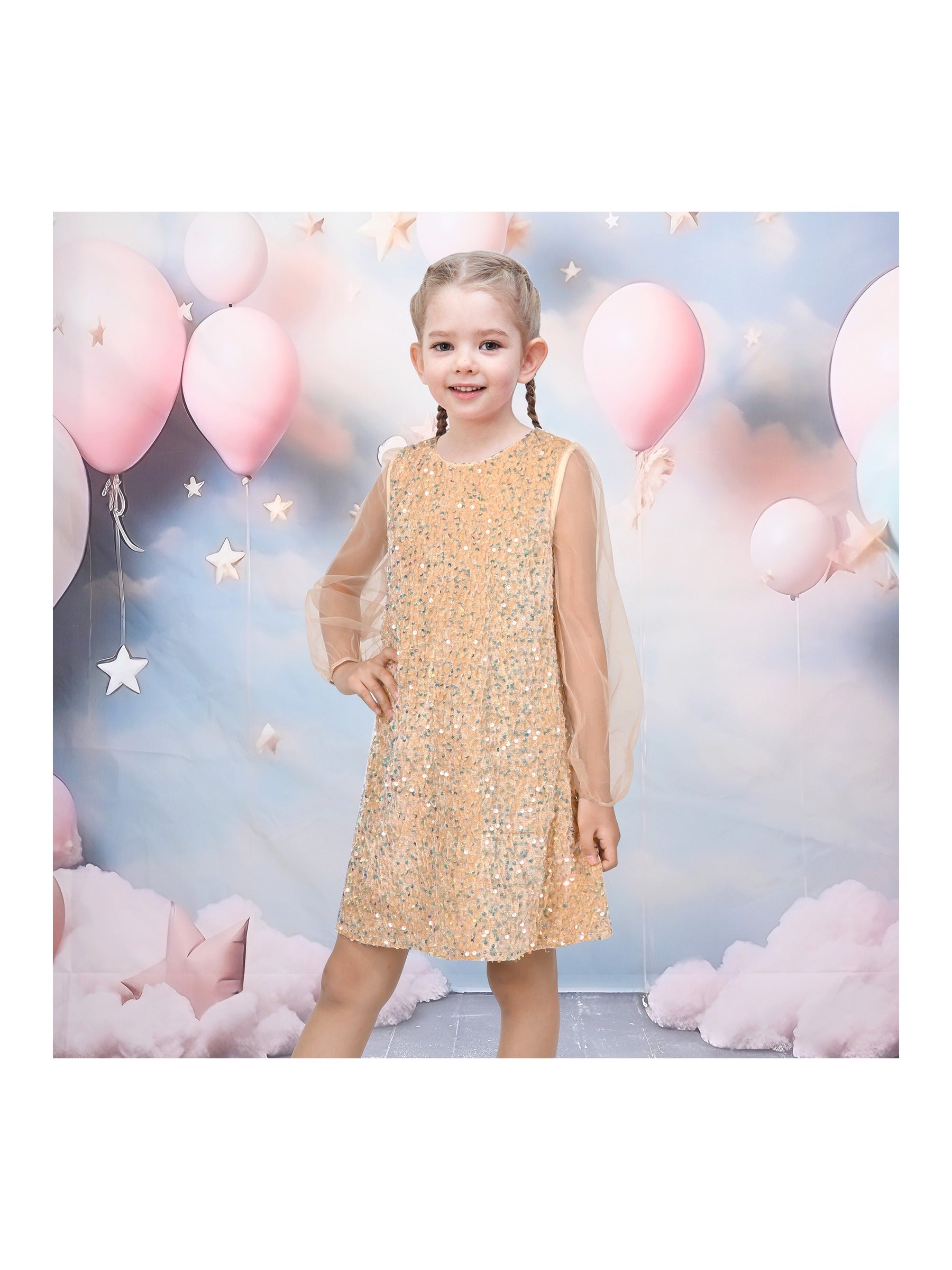 Girls Dress Black Sequin Sheer Mesh Long Sleeve Party Elegant Ball Gown Beige
