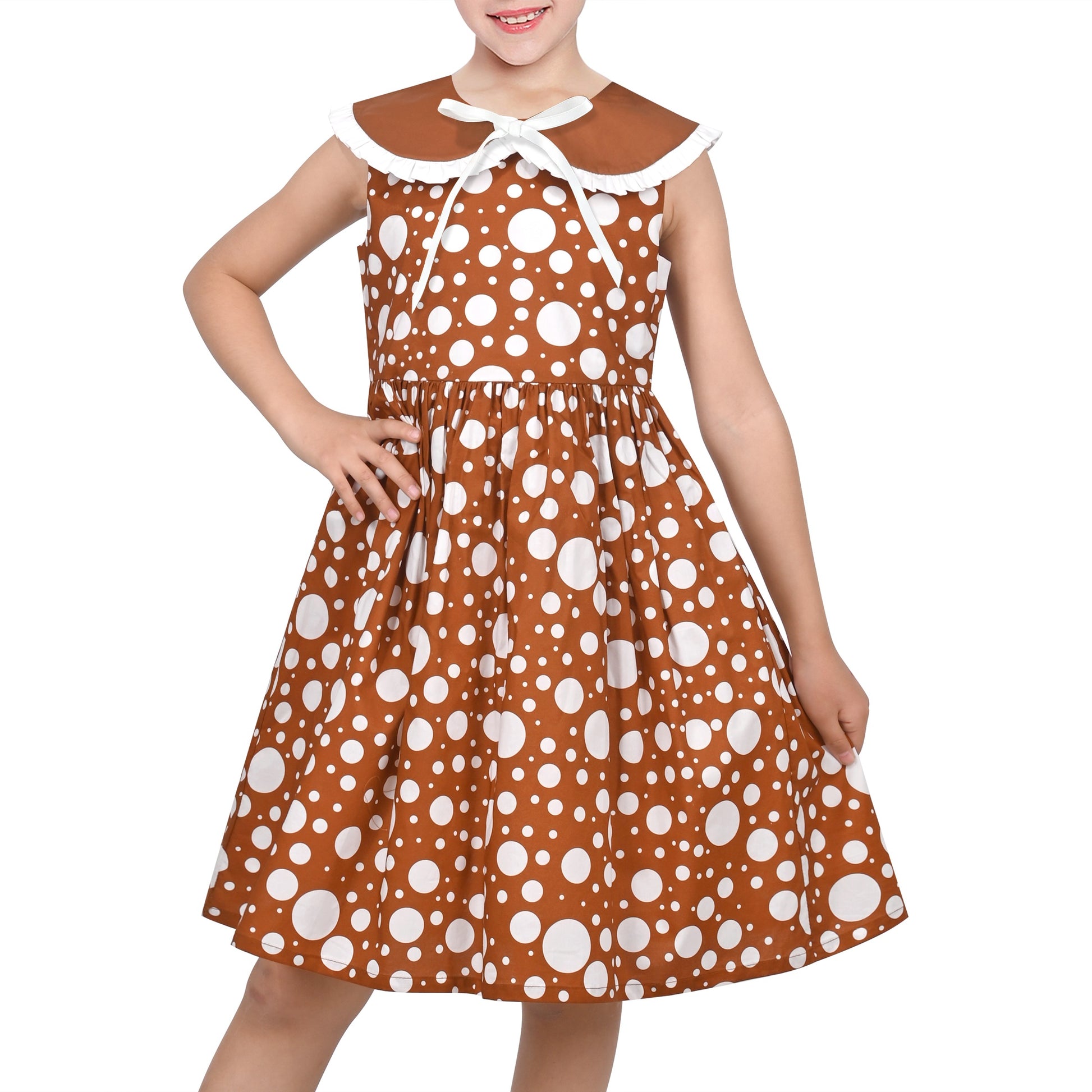 Girls Dress Pink Polka Dot Pocket Button School Summer Sleeveless Cotton Brown