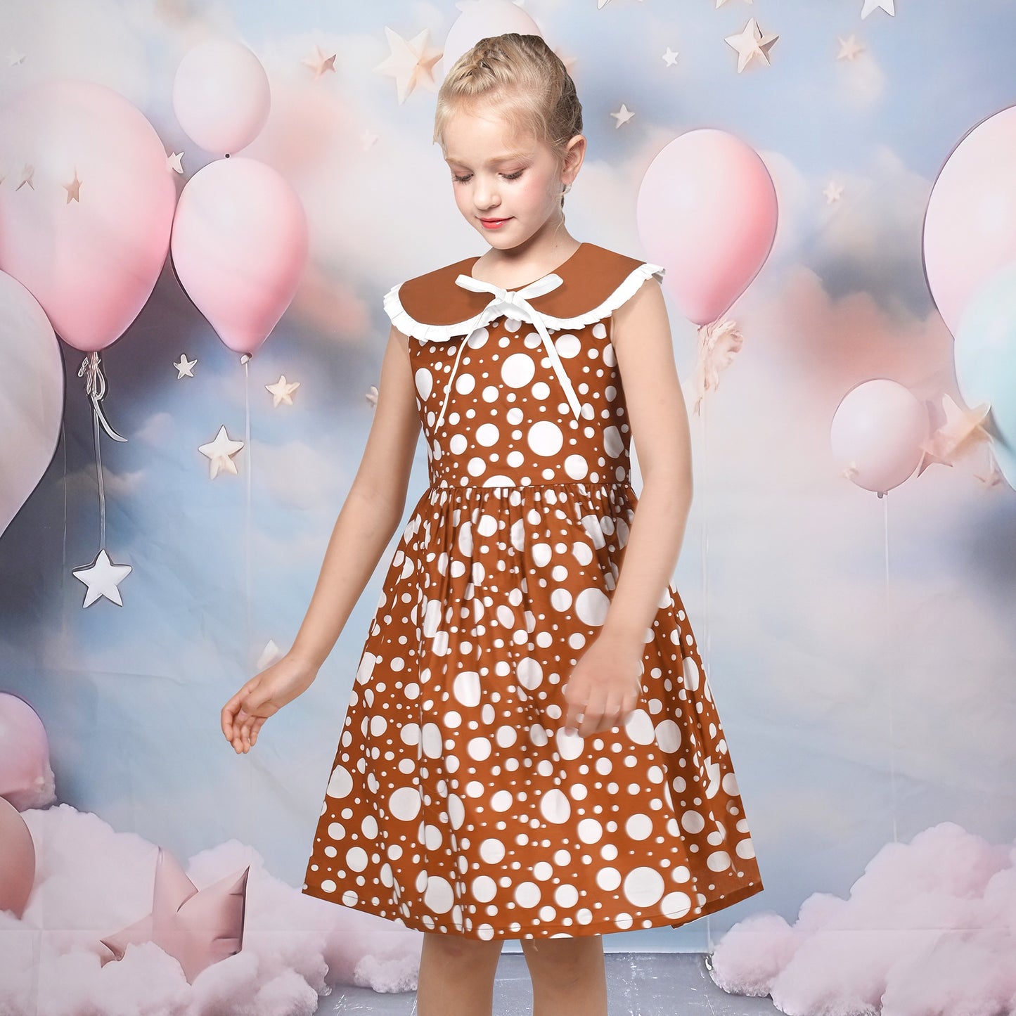 Girls Dress Pink Polka Dot Pocket Button School Summer Sleeveless Cotton Brown