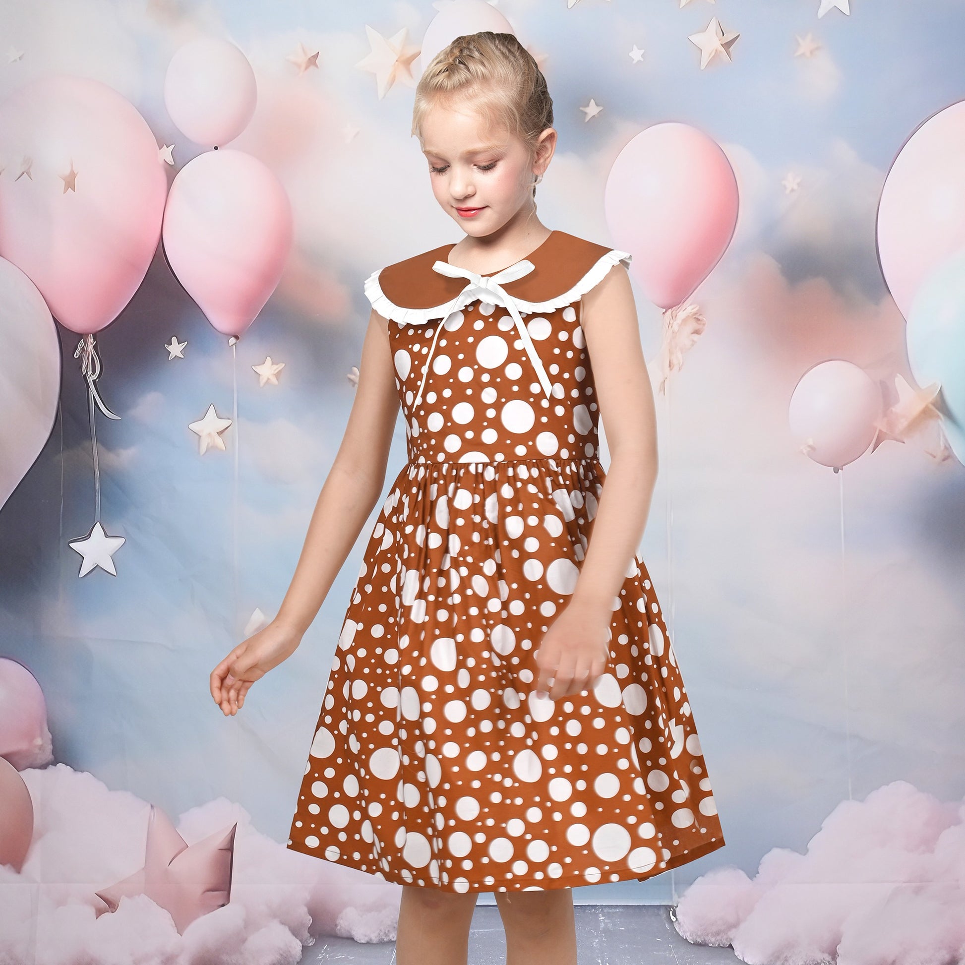Girls Dress Pink Polka Dot Pocket Button School Summer Sleeveless Cotton Brown