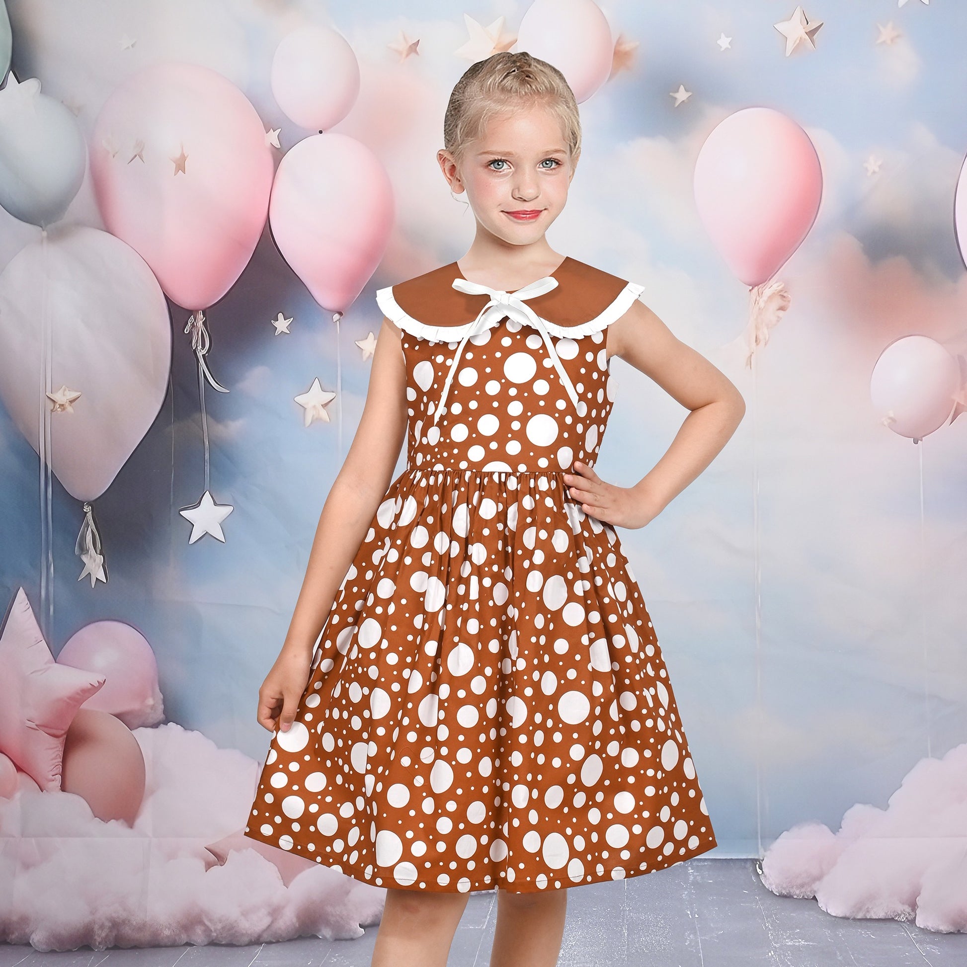 Girls Dress Pink Polka Dot Pocket Button School Summer Sleeveless Cotton Brown
