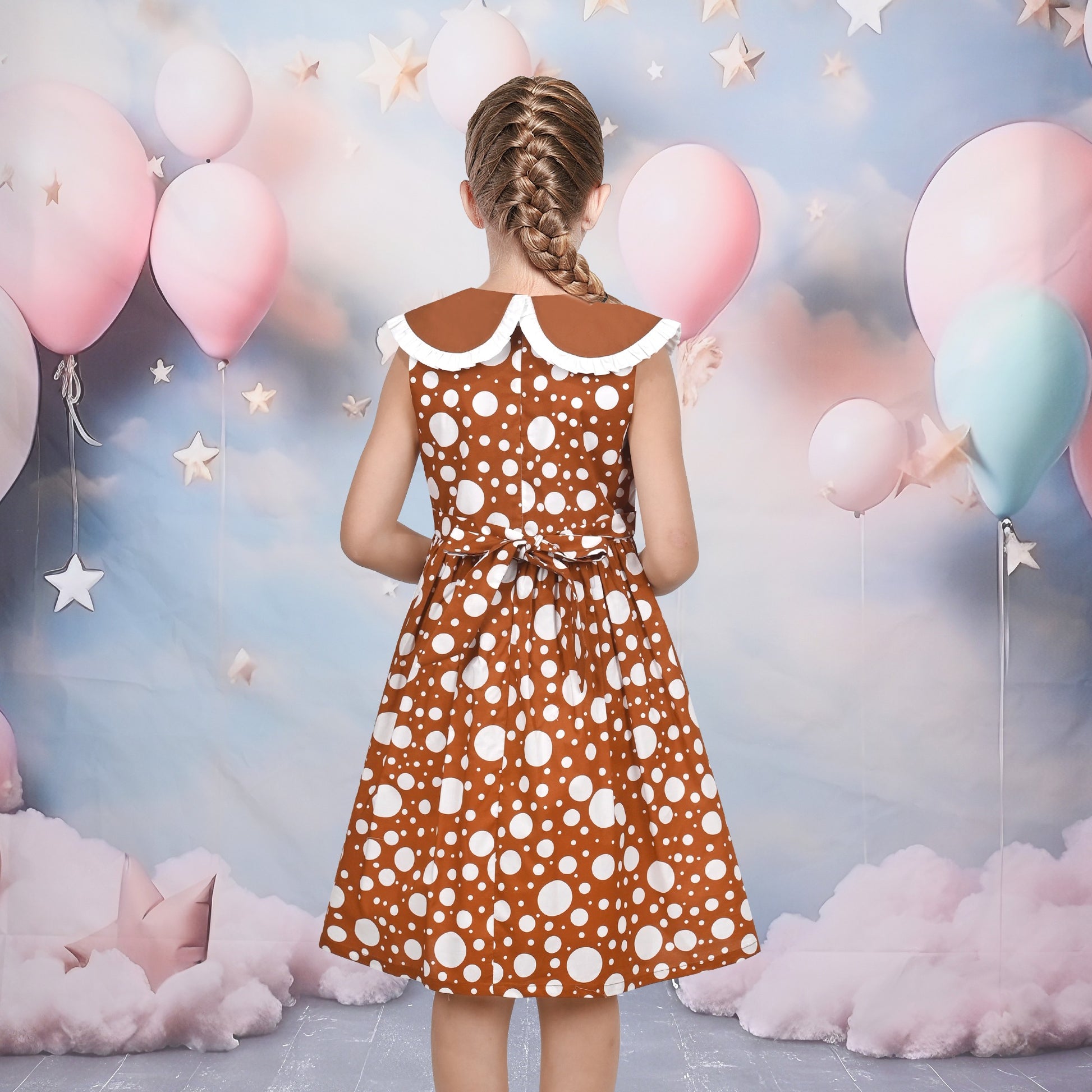 Girls Dress Pink Polka Dot Pocket Button School Summer Sleeveless Cotton Brown