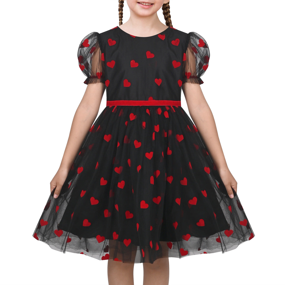 Girls Dress Sequin Shiny Rainbow Color Puffy Ruffle Bud Short Sleeve - Red Heart