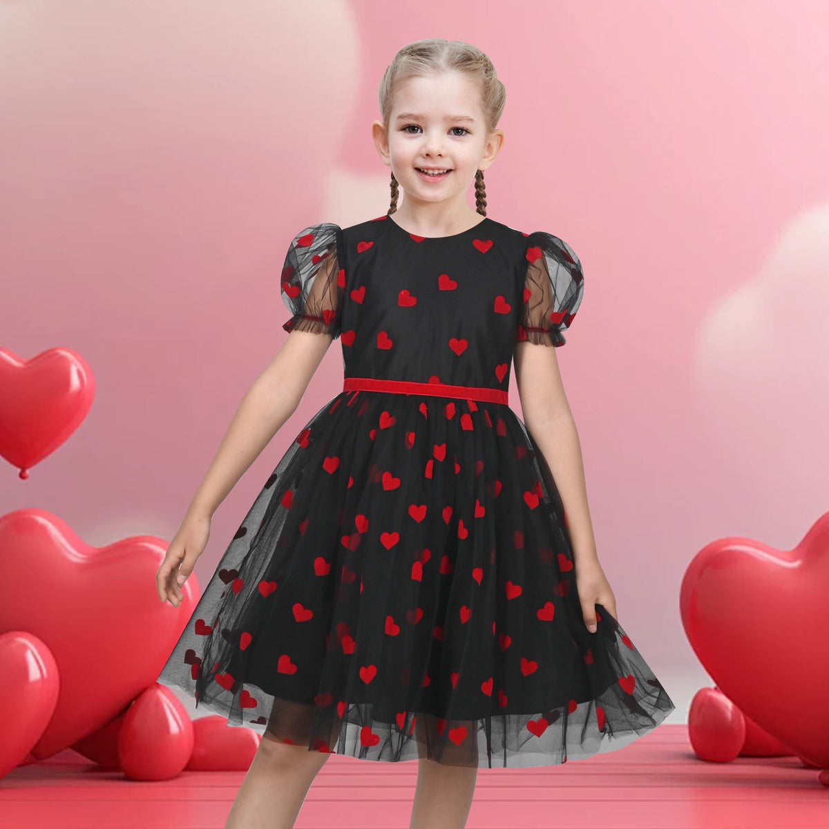 Girls Dress Sequin Shiny Rainbow Color Puffy Ruffle Bud Short Sleeve - Red Heart