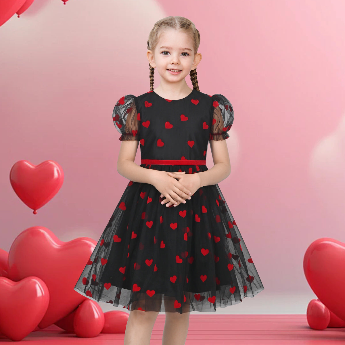 Girls Dress Sequin Shiny Rainbow Color Puffy Ruffle Bud Short Sleeve - Red Heart