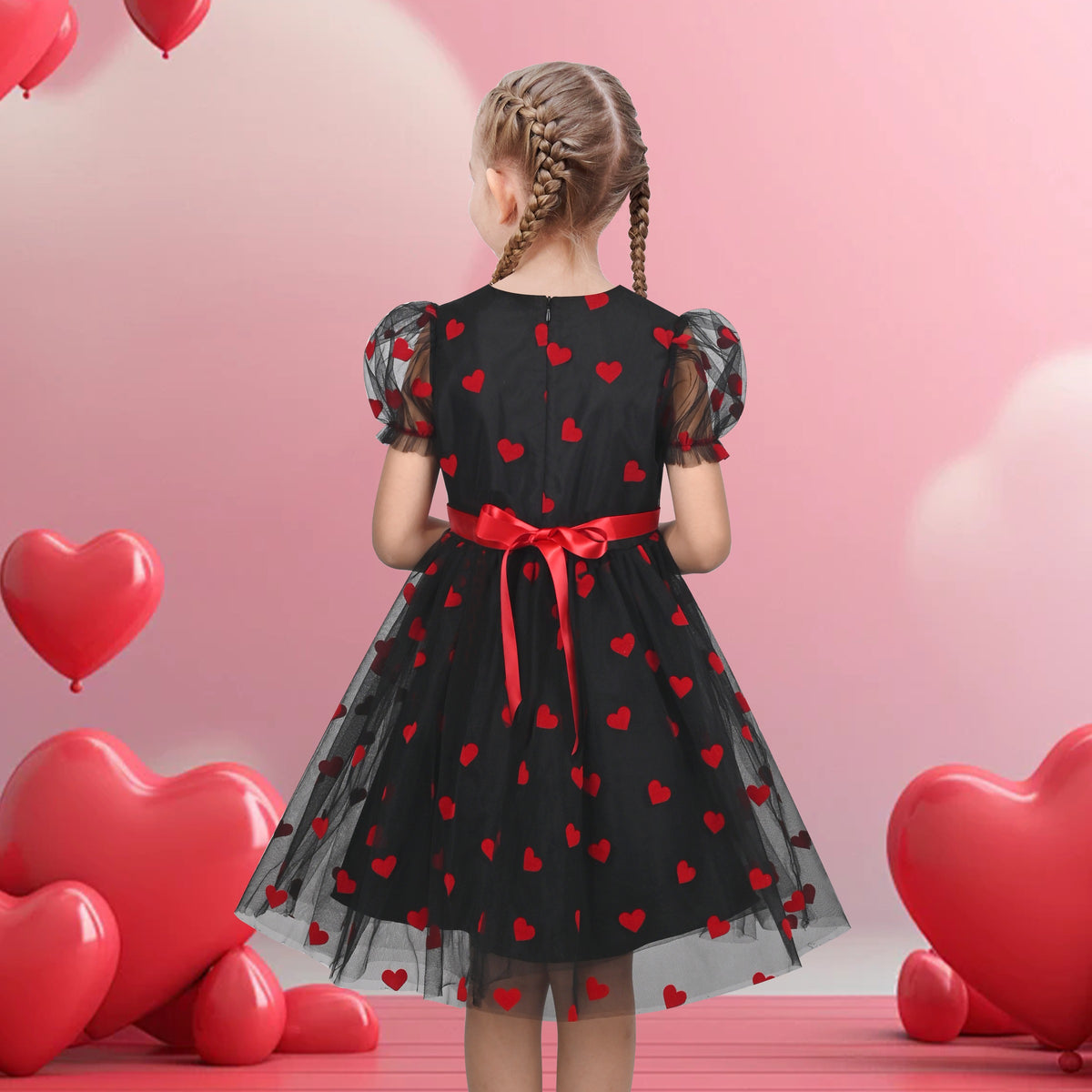 Girls Dress Sequin Shiny Rainbow Color Puffy Ruffle Bud Short Sleeve - Red Heart