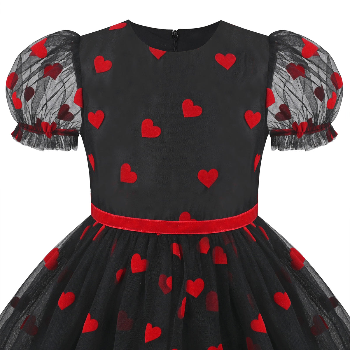 Girls Dress Sequin Shiny Rainbow Color Puffy Ruffle Bud Short Sleeve - Red Heart
