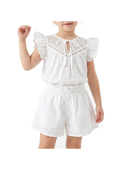 Girls 2 Pcs Shorts Set White Eyelet Puff Peplum Khaki Cool Summer Casual White