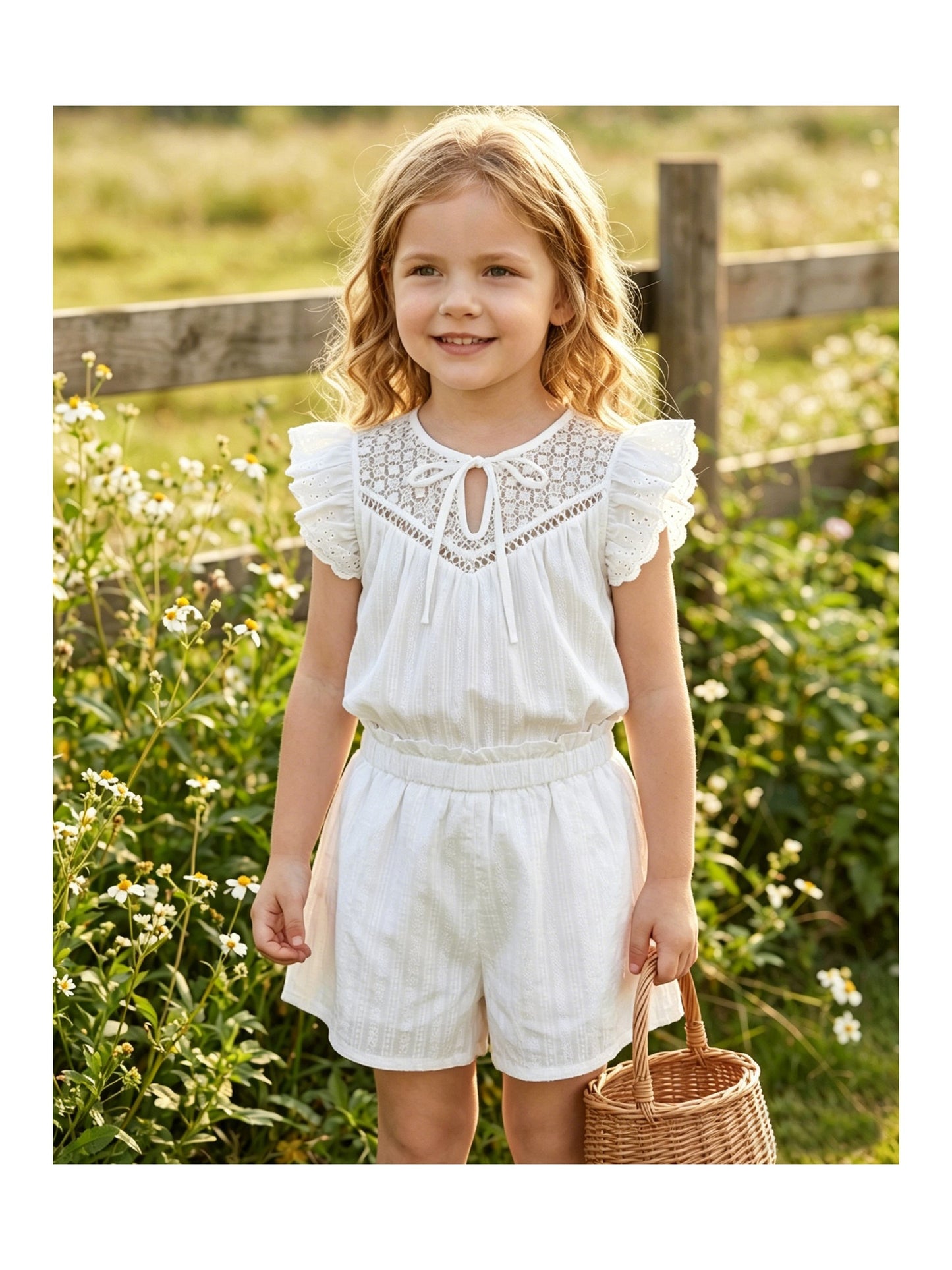 Girls 2 Pcs Shorts Set White Eyelet Puff Peplum Khaki Cool Summer Casual White