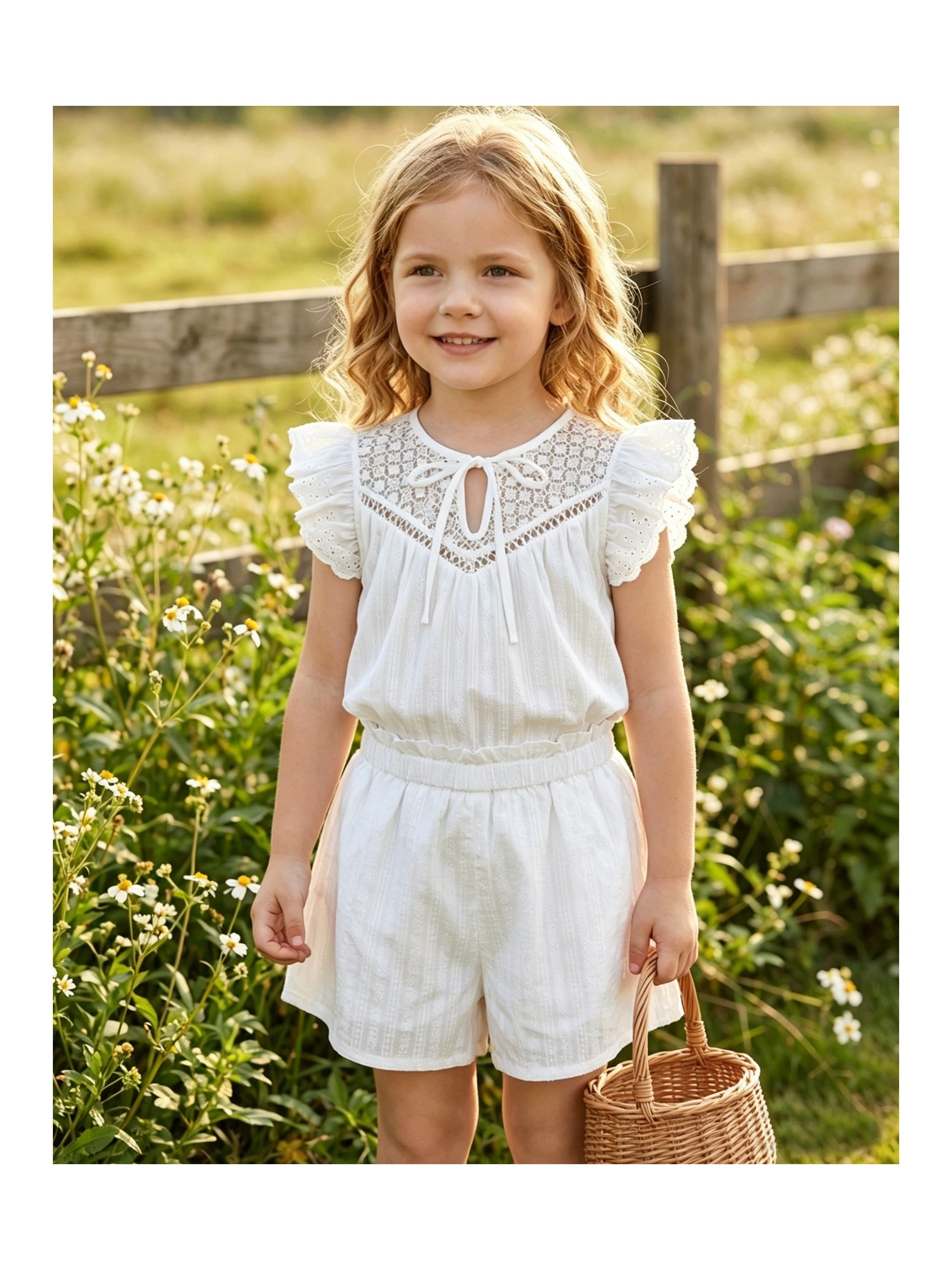 Girls 2 Pcs Shorts Set White Eyelet Puff Peplum Khaki Cool Summer Casual White