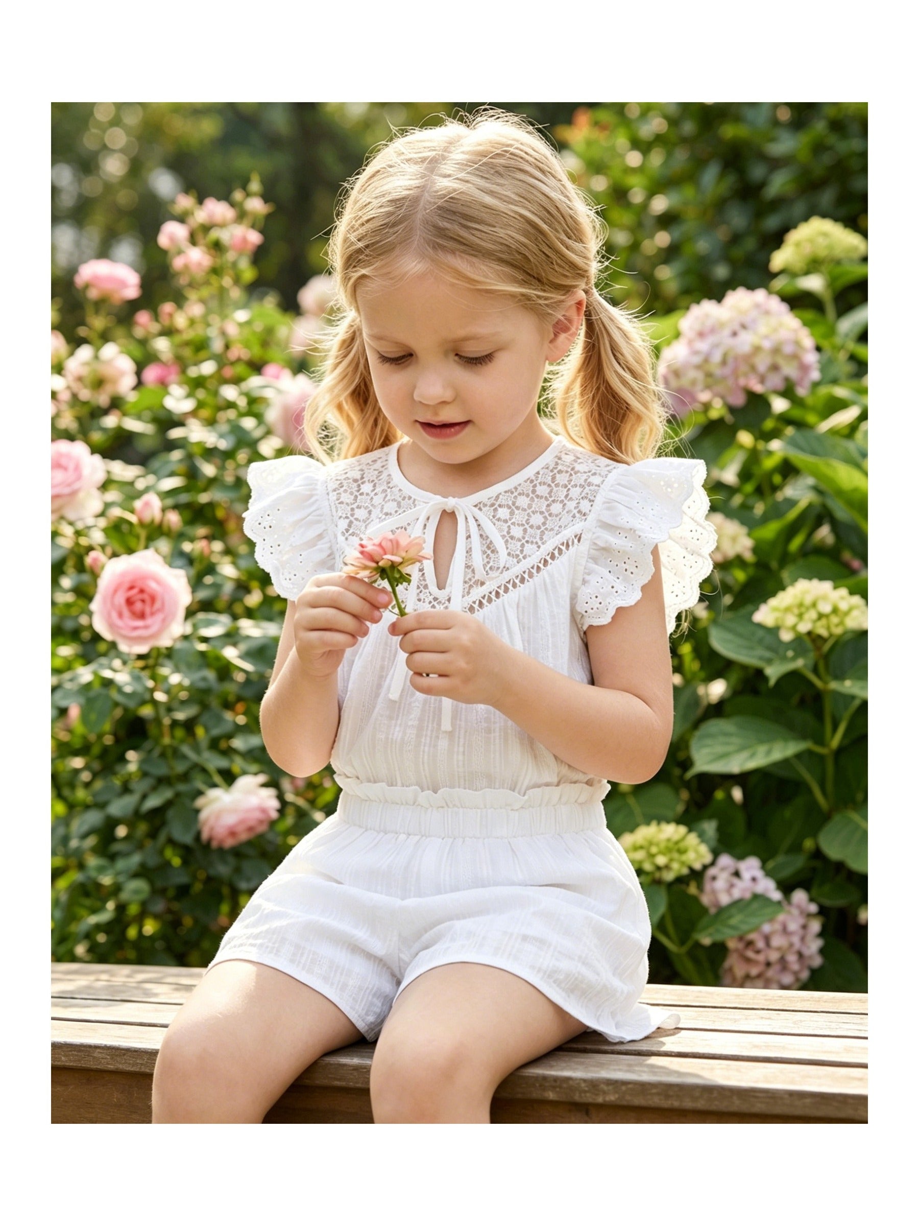 Girls 2 Pcs Shorts Set White Eyelet Puff Peplum Khaki Cool Summer Casual White