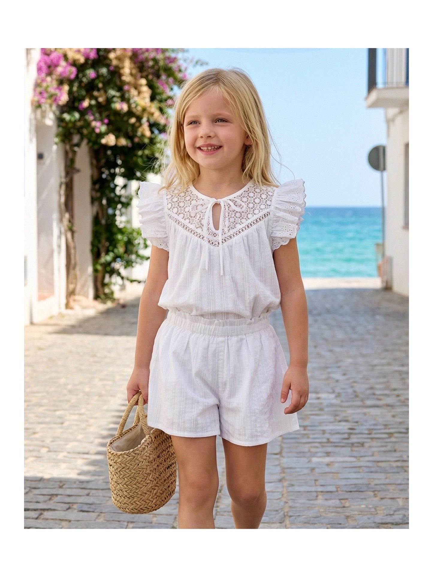 Girls 2 Pcs Shorts Set White Eyelet Puff Peplum Khaki Cool Summer Casual White