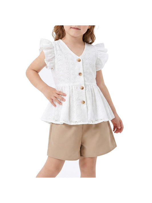 Girls 2 Pcs Shorts Set White Eyelet Puff Peplum Khaki Cool Summer Casual White