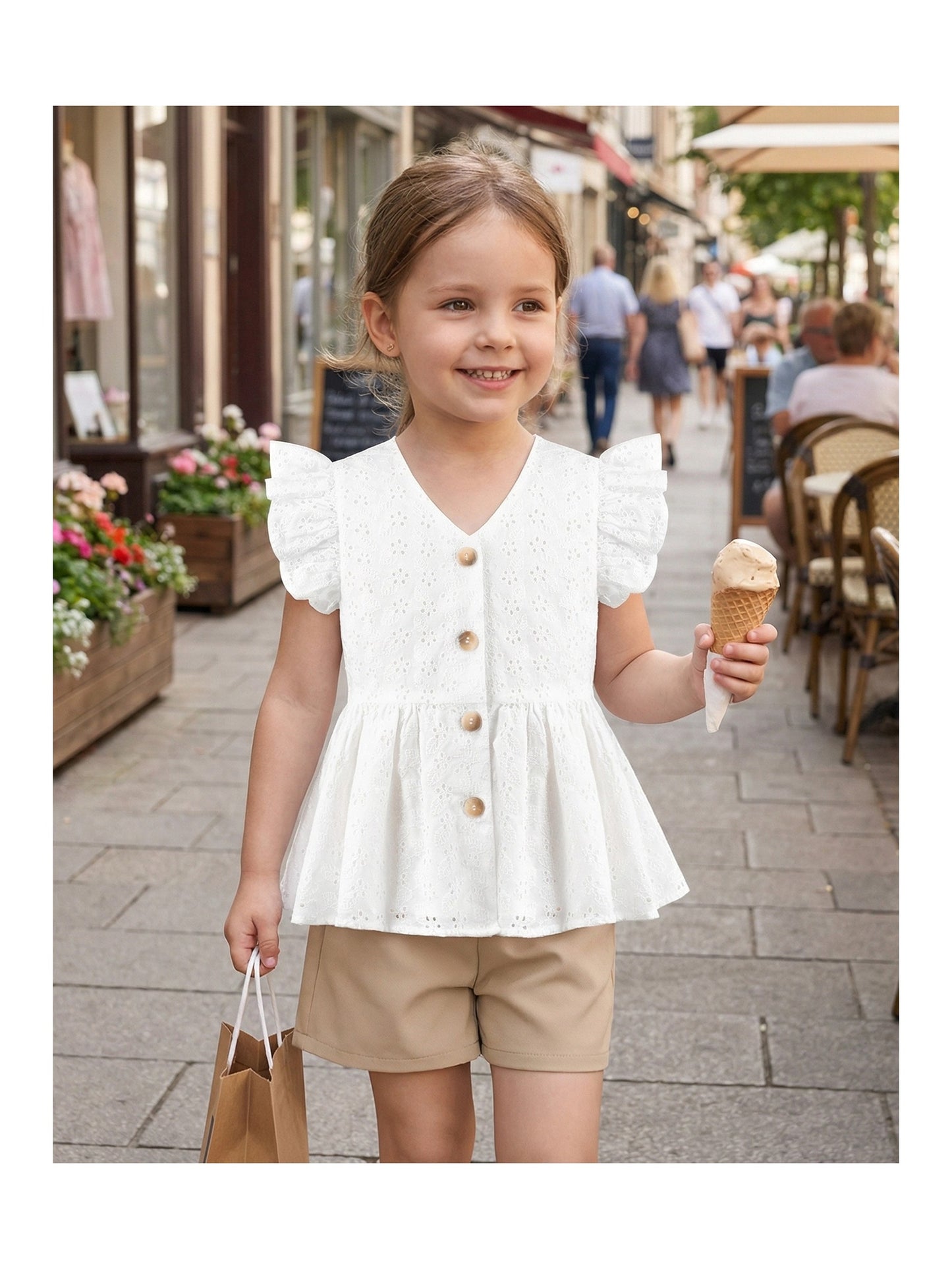 Girls 2 Pcs Shorts Set White Eyelet Puff Peplum Khaki Cool Summer Casual White