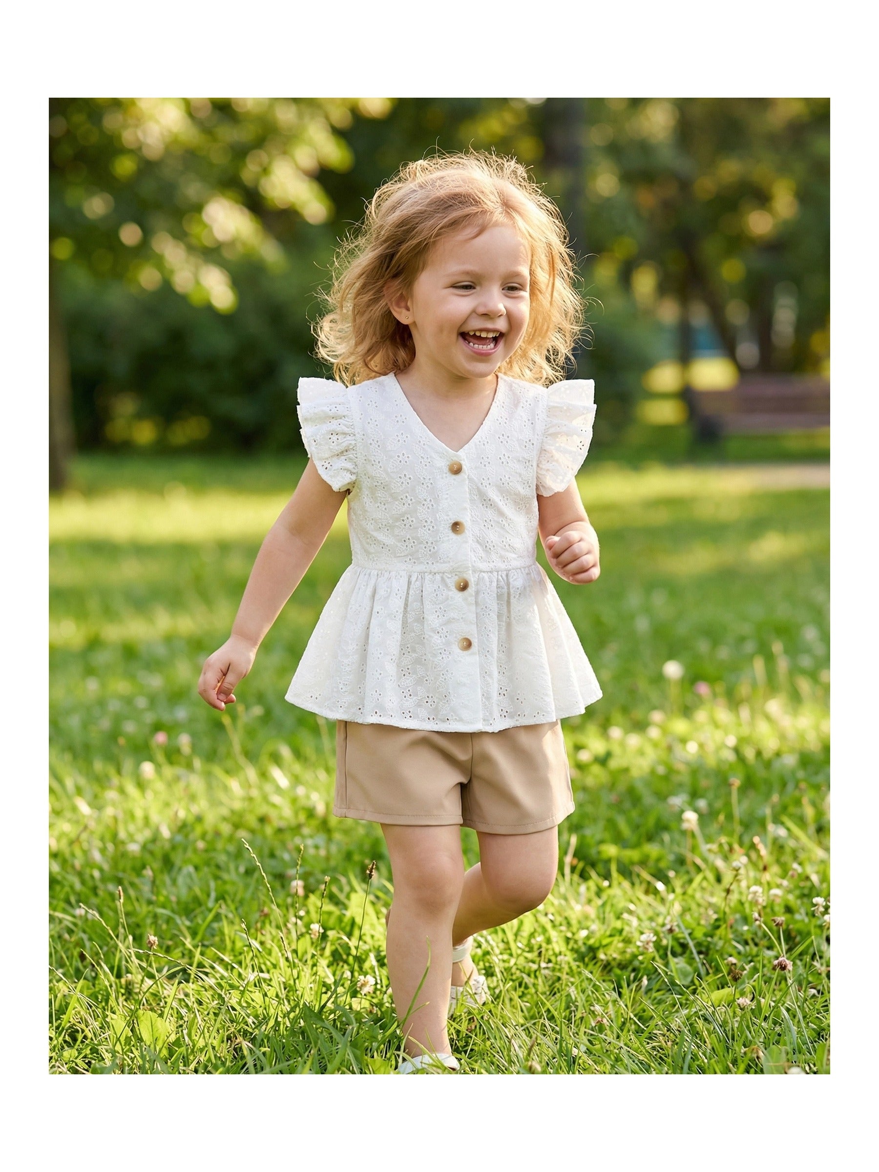 Girls 2 Pcs Shorts Set White Eyelet Puff Peplum Khaki Cool Summer Casual White