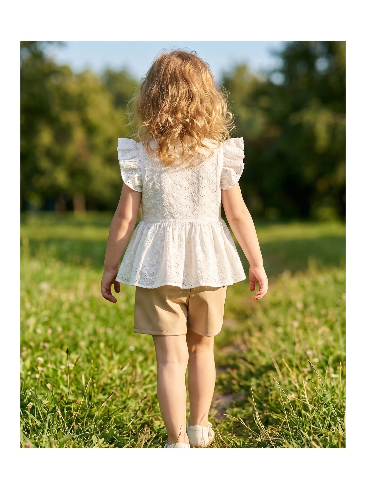 Girls 2 Pcs Shorts Set White Eyelet Puff Peplum Khaki Cool Summer Casual White