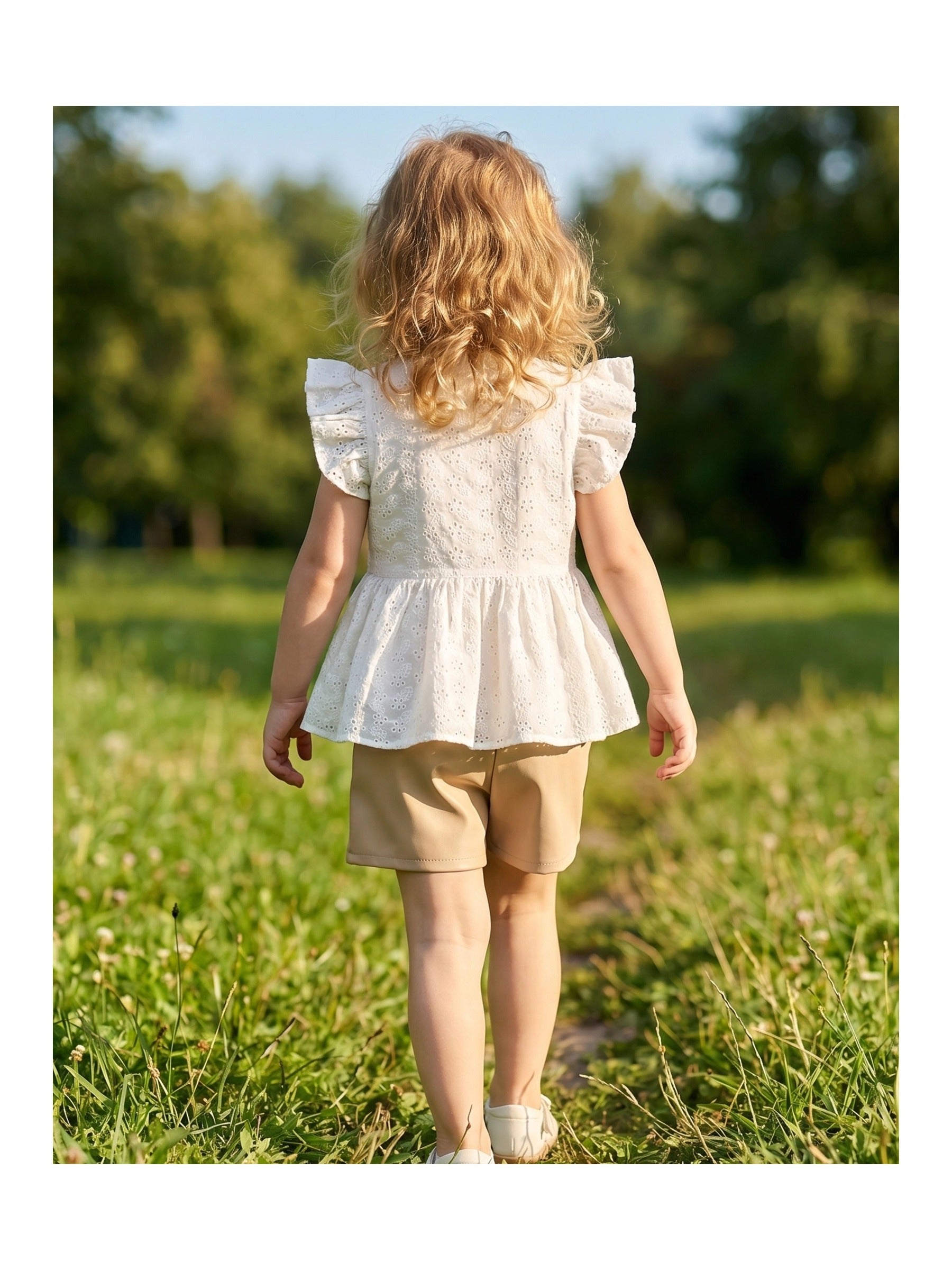 Girls 2 Pcs Shorts Set White Eyelet Puff Peplum Khaki Cool Summer Casual White