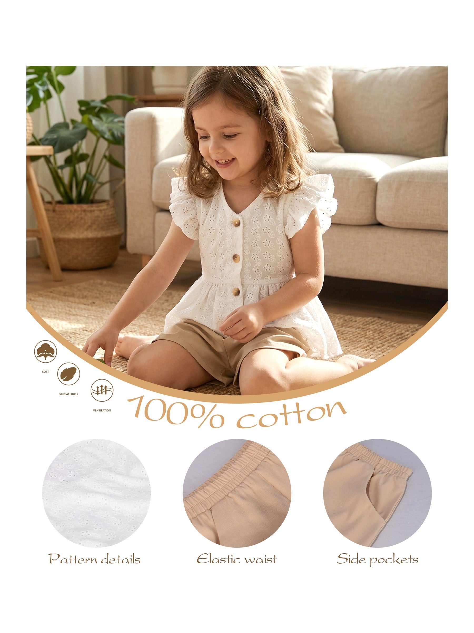 Girls 2 Pcs Shorts Set White Eyelet Puff Peplum Khaki Cool Summer Casual White