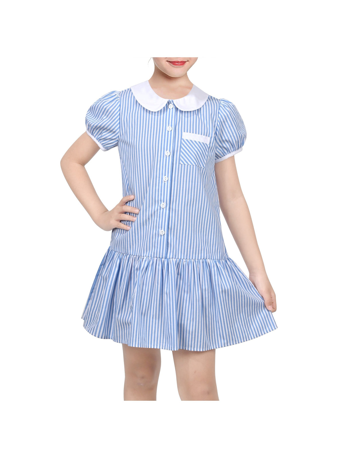 Girls Dress Black Bow Tie Belt School Uniform Front Button Short Sleeves - Blue Striped