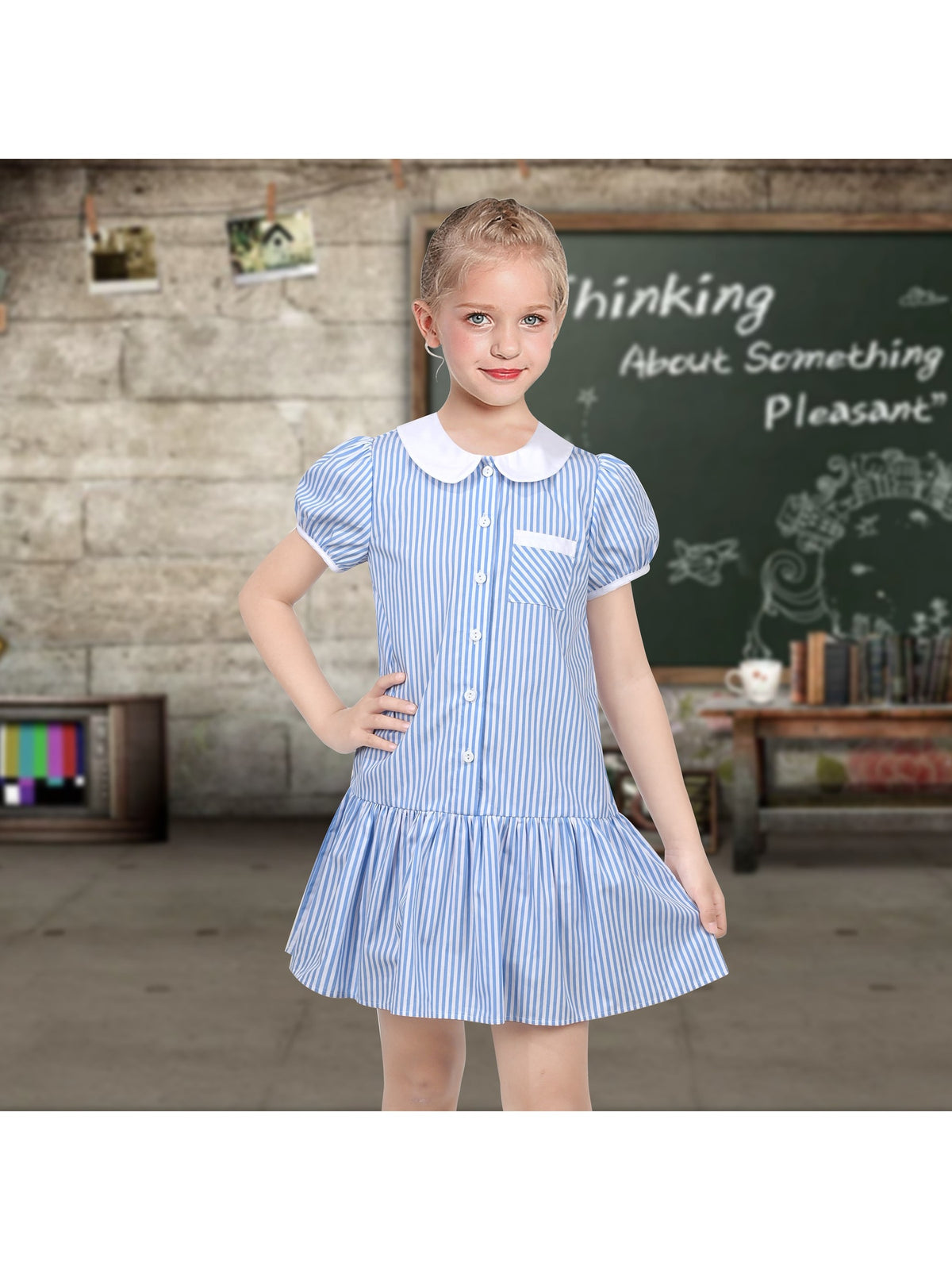 Girls Dress Black Bow Tie Belt School Uniform Front Button Short Sleeves - Blue Striped