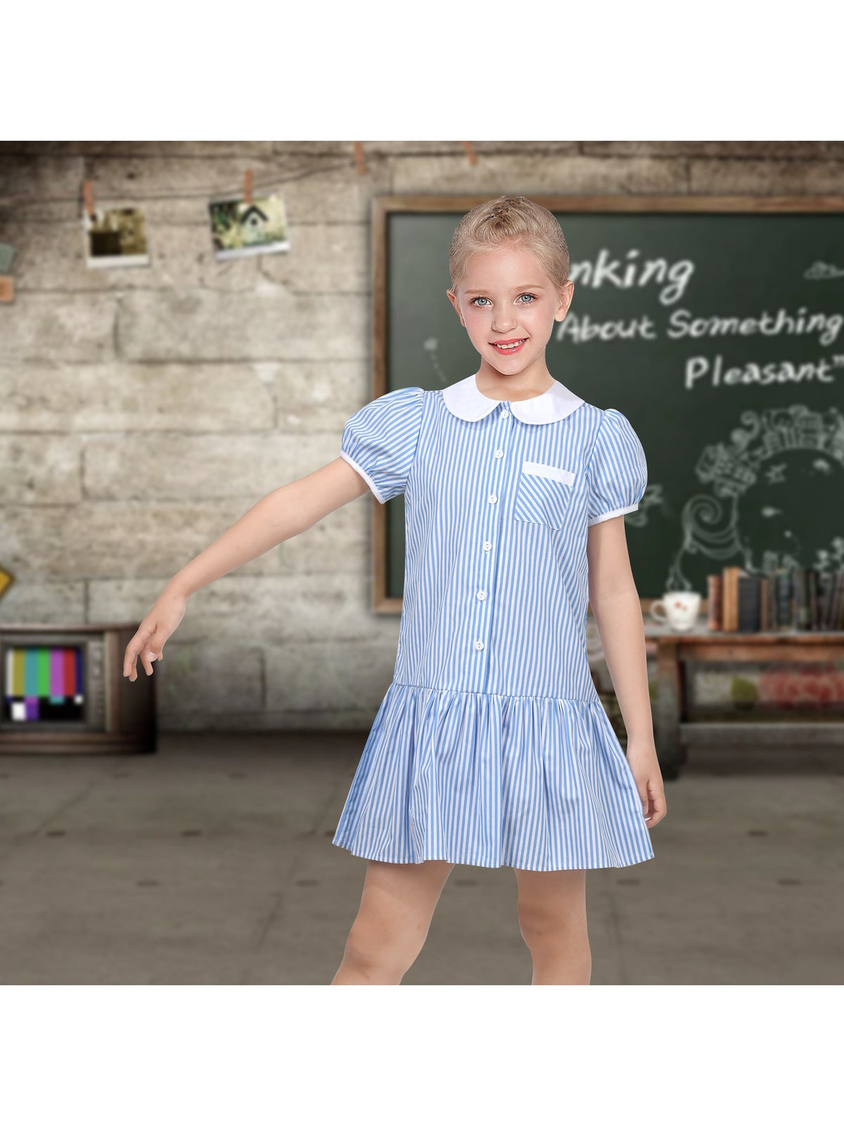 Girls Dress Black Bow Tie Belt School Uniform Front Button Short Sleeves - Blue Striped
