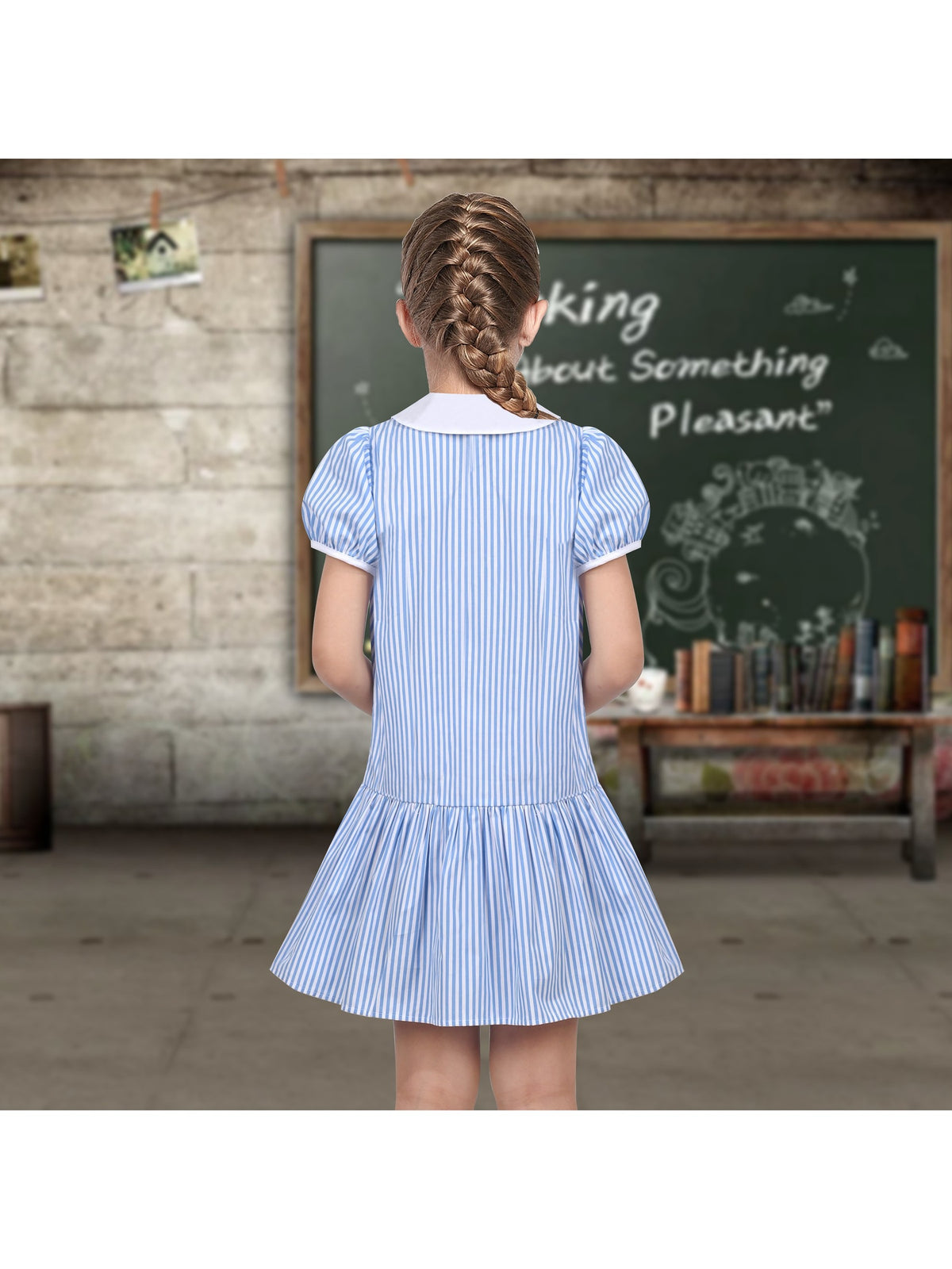 Girls Dress Black Bow Tie Belt School Uniform Front Button Short Sleeves - Blue Striped