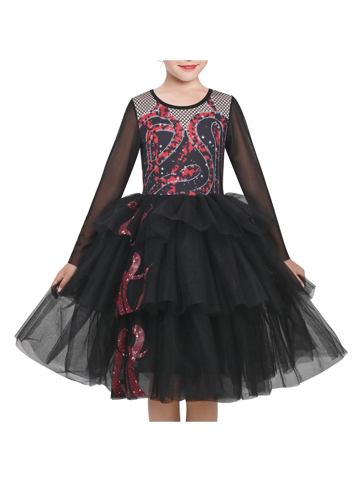 Girls Dress Black Lace Long Sleeve Organza Ruffle Polka Belt - Red Snake