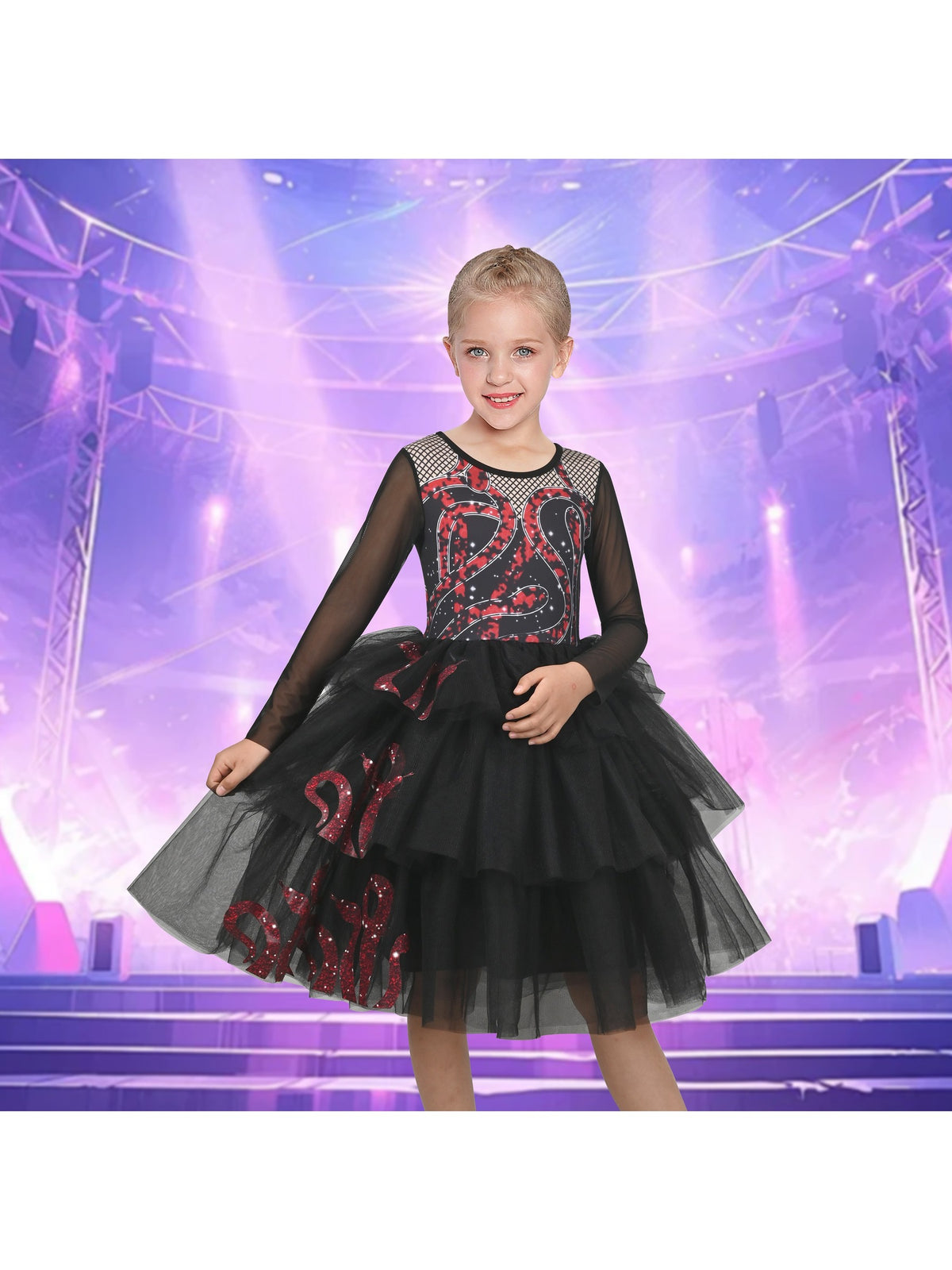 Girls Dress Black Lace Long Sleeve Organza Ruffle Polka Belt - Red Snake