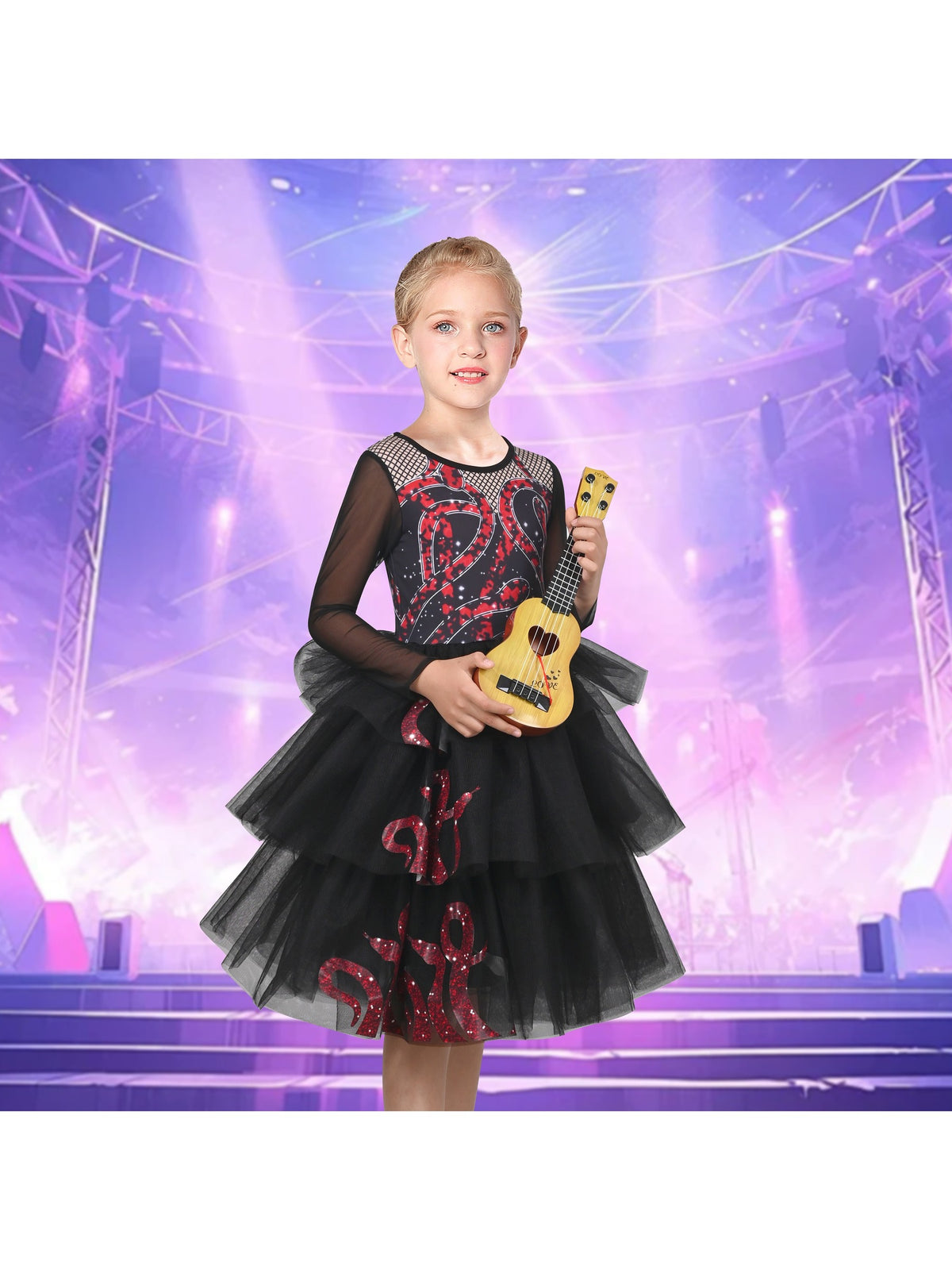 Girls Dress Black Lace Long Sleeve Organza Ruffle Polka Belt - Red Snake