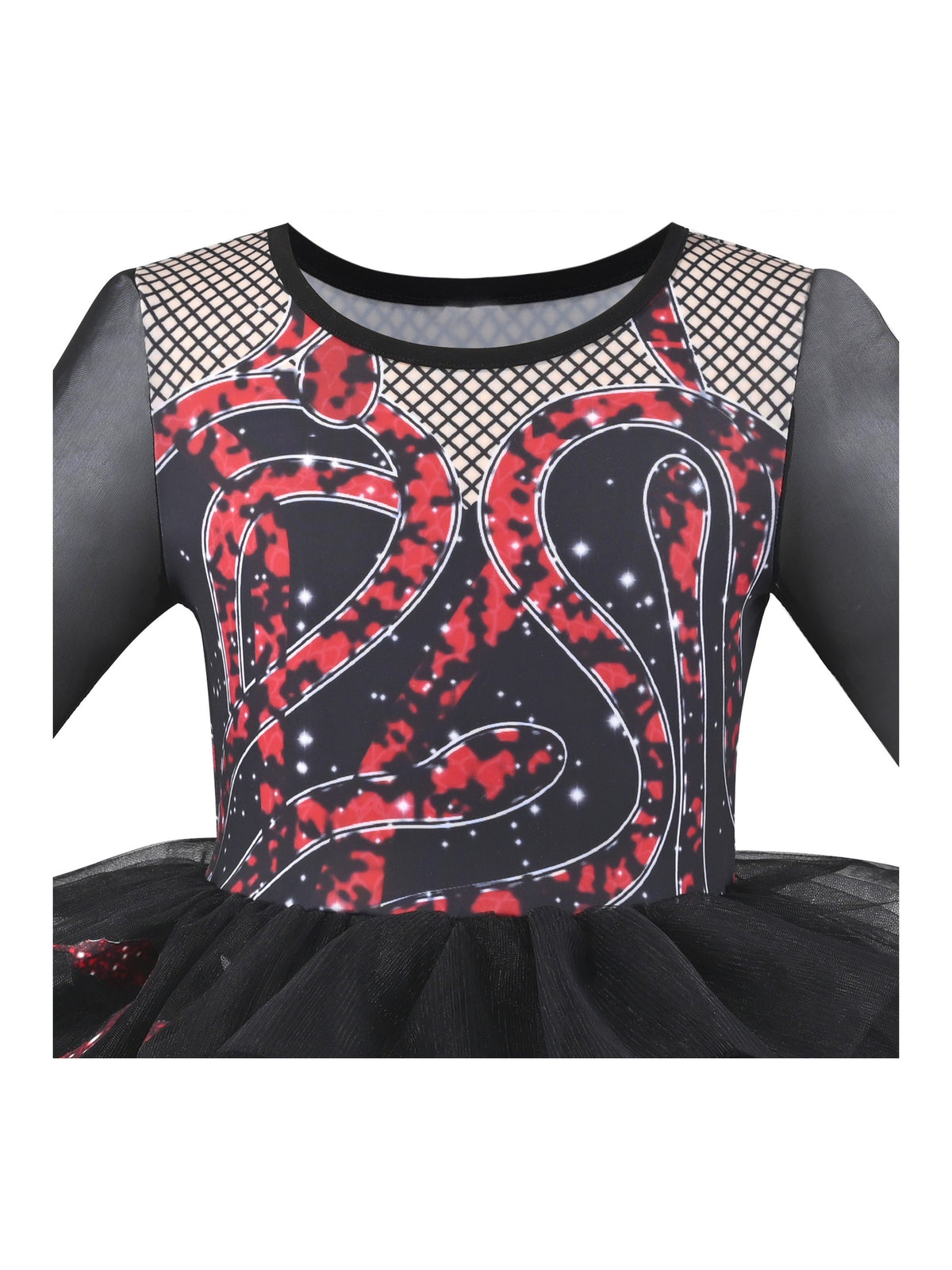 Girls Dress Black Lace Long Sleeve Organza Ruffle Polka Belt - Red Snake