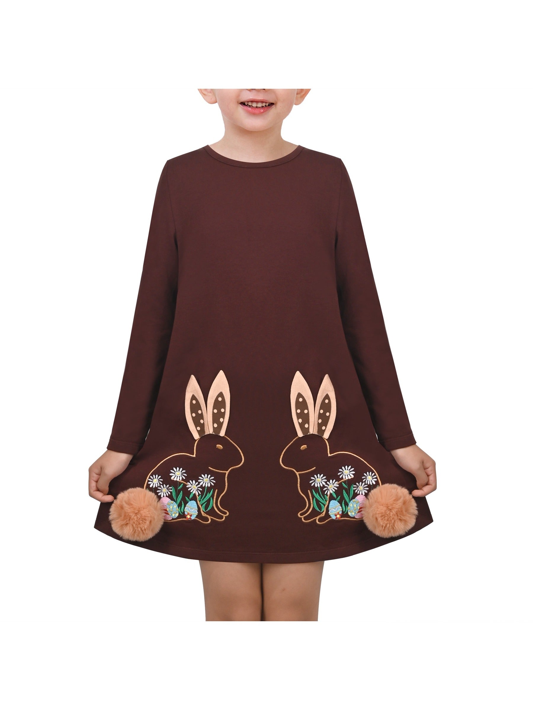 Girls Dress Easter Bunny Rainbow Cotton Embroidery Casual Long Sleeve Brown