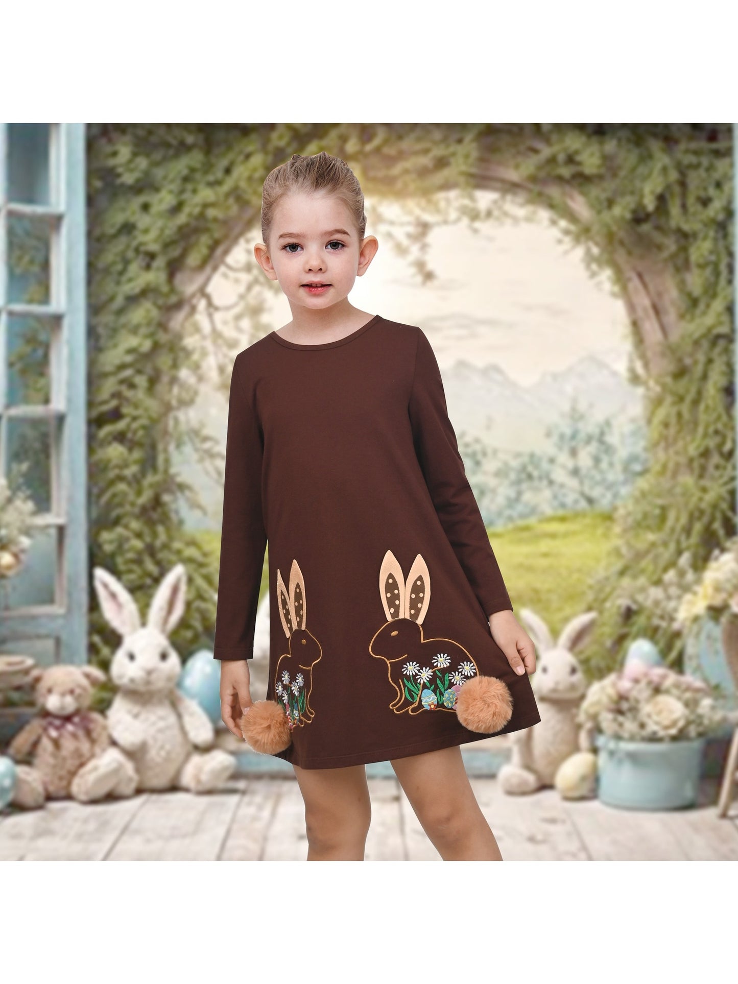 Girls Dress Easter Bunny Rainbow Cotton Embroidery Casual Long Sleeve Brown