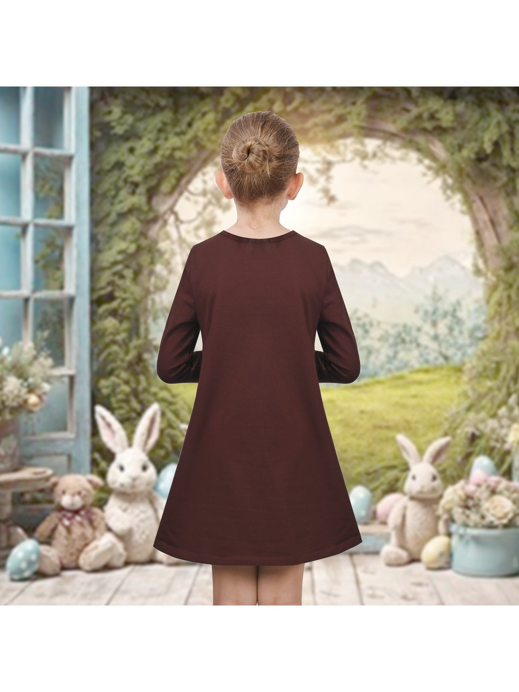 Girls Dress Easter Bunny Rainbow Cotton Embroidery Casual Long Sleeve Brown