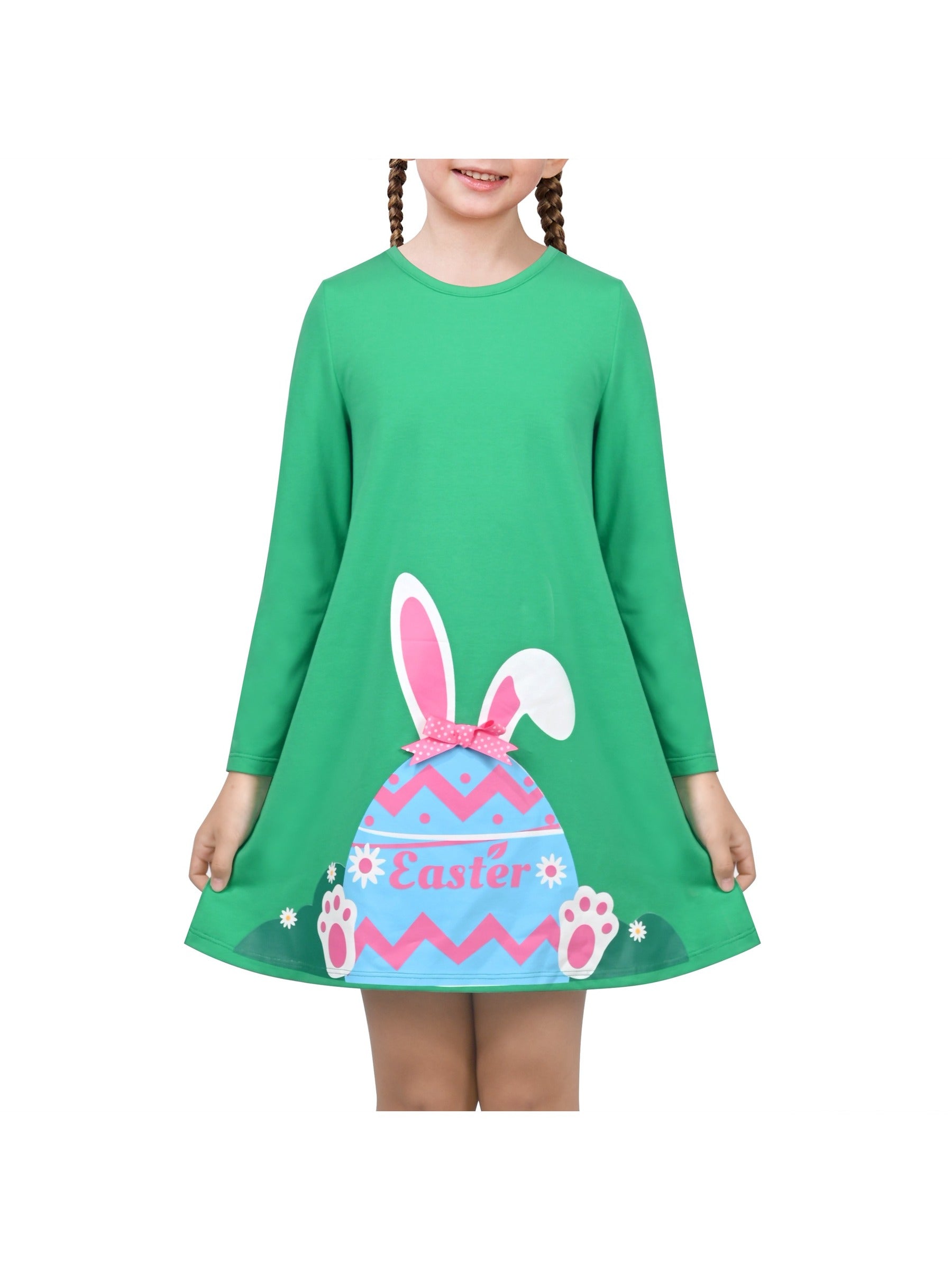 Girls Dress Easter Bunny Rainbow Cotton Embroidery Casual Long Sleeve Green