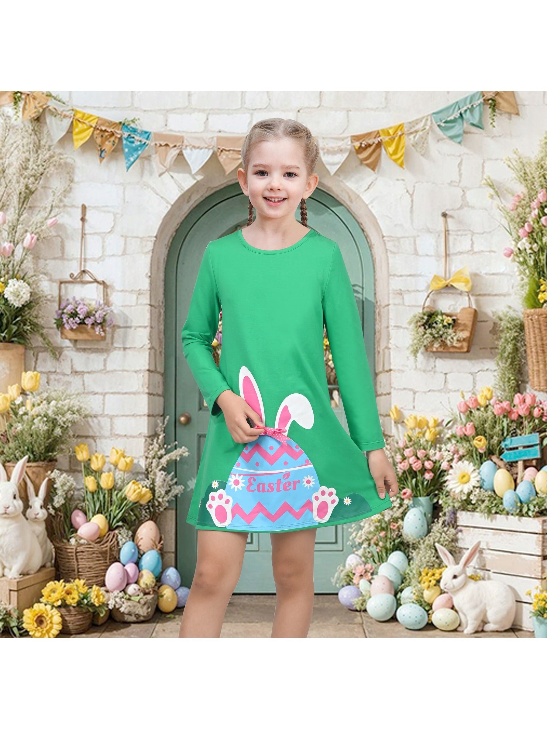 Girls Dress Easter Bunny Rainbow Cotton Embroidery Casual Long Sleeve Green