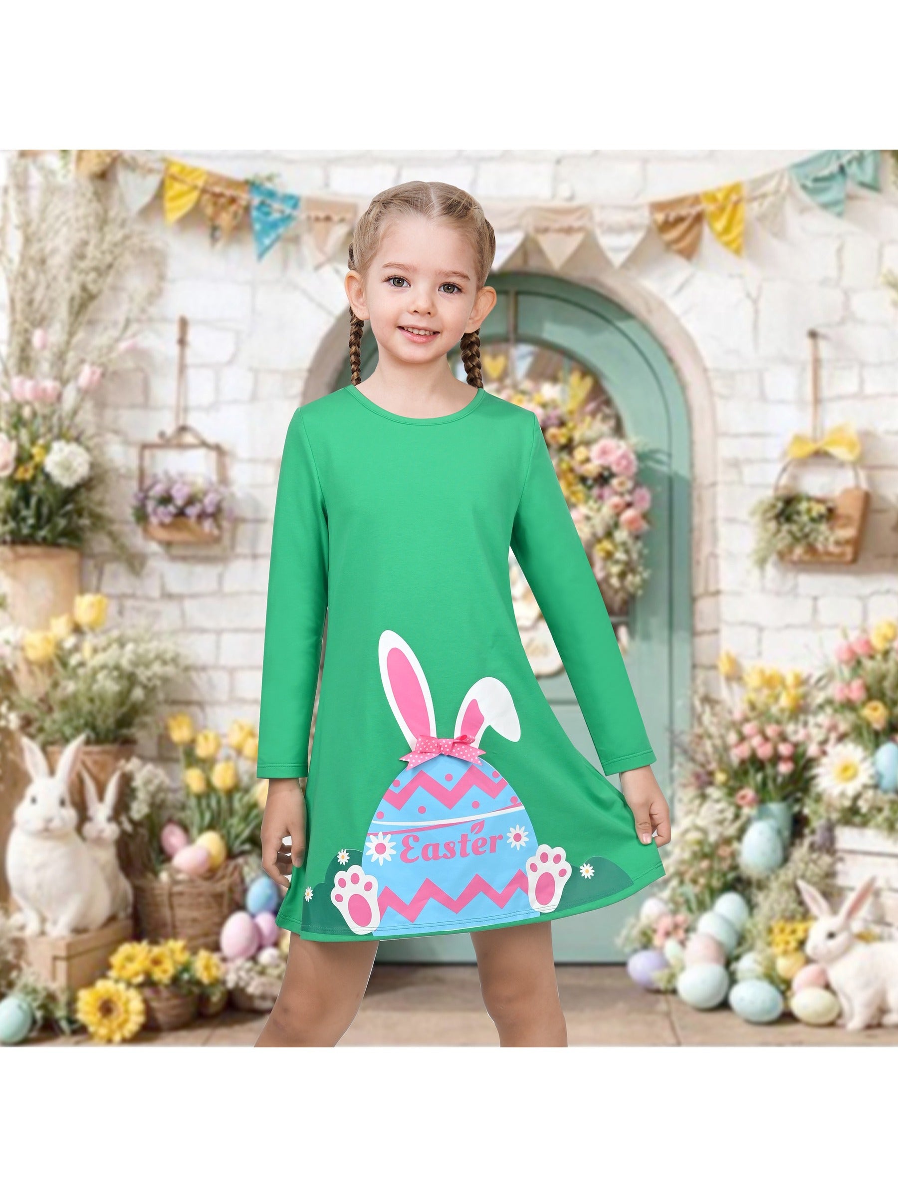 Girls Dress Easter Bunny Rainbow Cotton Embroidery Casual Long Sleeve Green